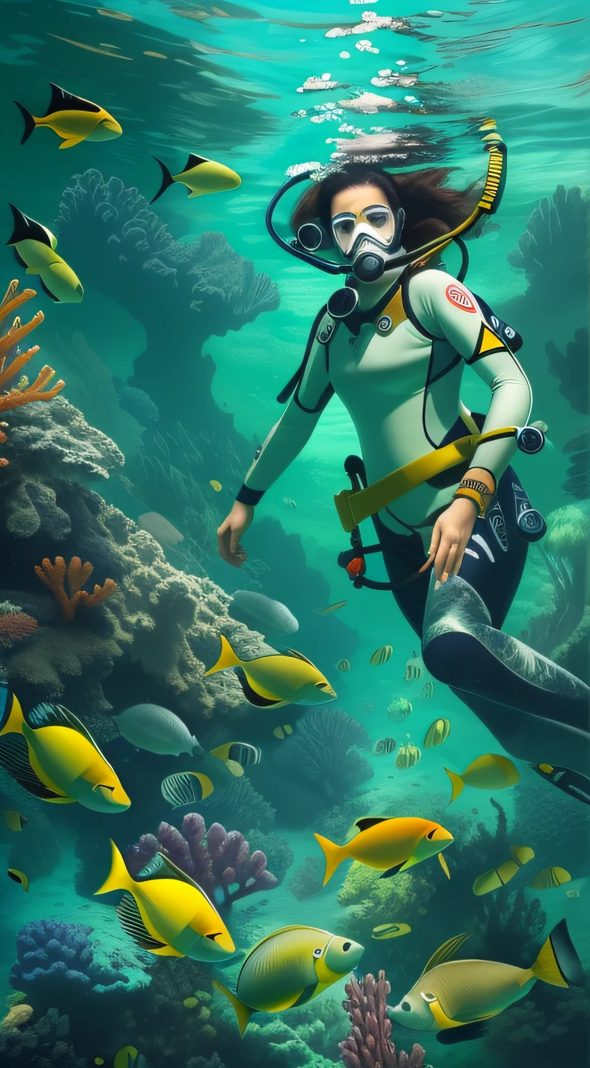 In this mysterious painting under the sea,A brave female diver becomes part of the picture。She wears diving gear,Dive into the turquoise waters。Ancient shipwrecks lie quietly at the bottom of the sea,Beautiful coral reefs surround it。
Marine life lives in harmony with female divers,Colorful fish dance,Turtles walk gracefully through it。The female diver's gaze flashed with curiosity and awe of the underwater world。
This painting shows the courage and beauty of women,and a magnificent sight of man and nature in harmony。