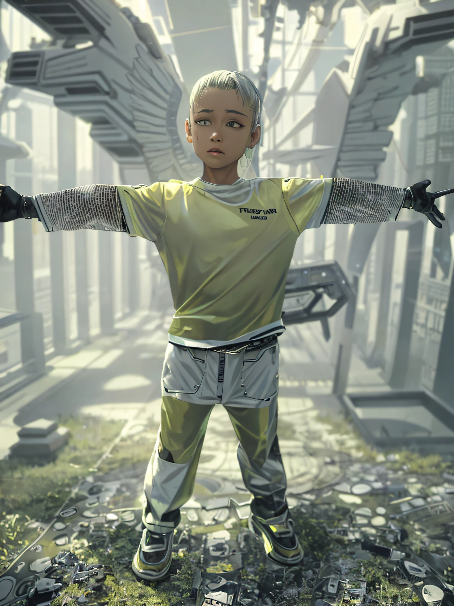 tmasterpiece,(best qualtiy),(ultra - detailed),(Hyper-realistic:1.2),scenecy,sci-fy,transistorpunk,cyber punk perssonage,Biopunk,(MagazineCover:1.4),(greys,white colors),Male giant robot,sunhat,Mechanical angel wings on the back,Angel wings,Future town,dynamicposes,dynamic angle,Luxury,(golden colored,Silvertone,green color),neonlight
