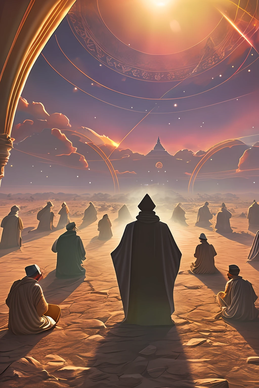 Generate an awe-inspiring image set in a vast desert where a large group of pilgrims prostrate themselves in worship of a miraculous deity. Divinity manifests as a luminous, ethereal silhouette in the sky.