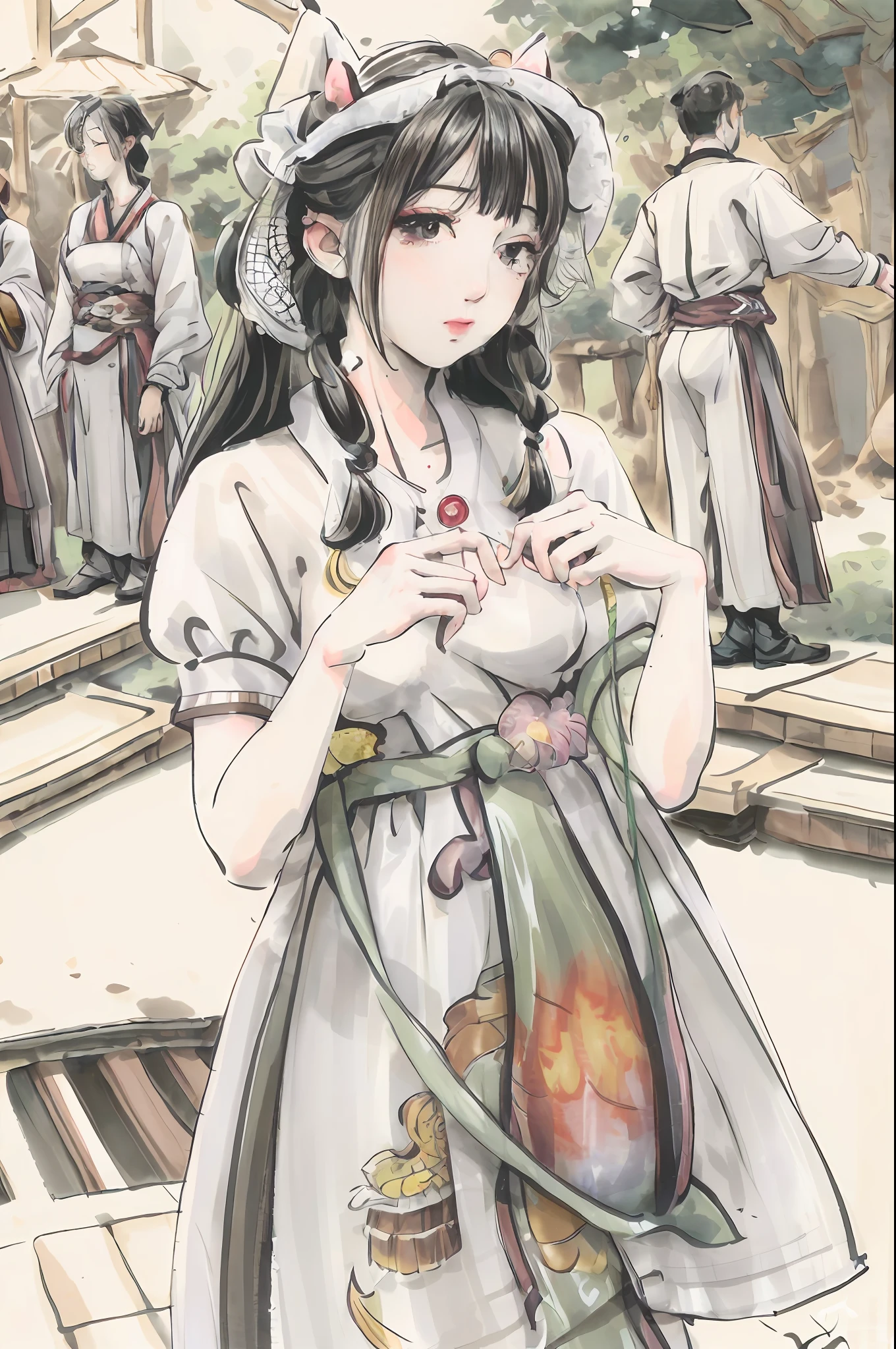 ((4k,masterpiece,best quality)), shuimobysim, Chinese painting, lotus, hanfu, maxiskit, dressed conservative 1 girl, solo, white hair, long hair, fox ears, white, bikini, fish, many fish close to the girl, looking at the audience, teasing