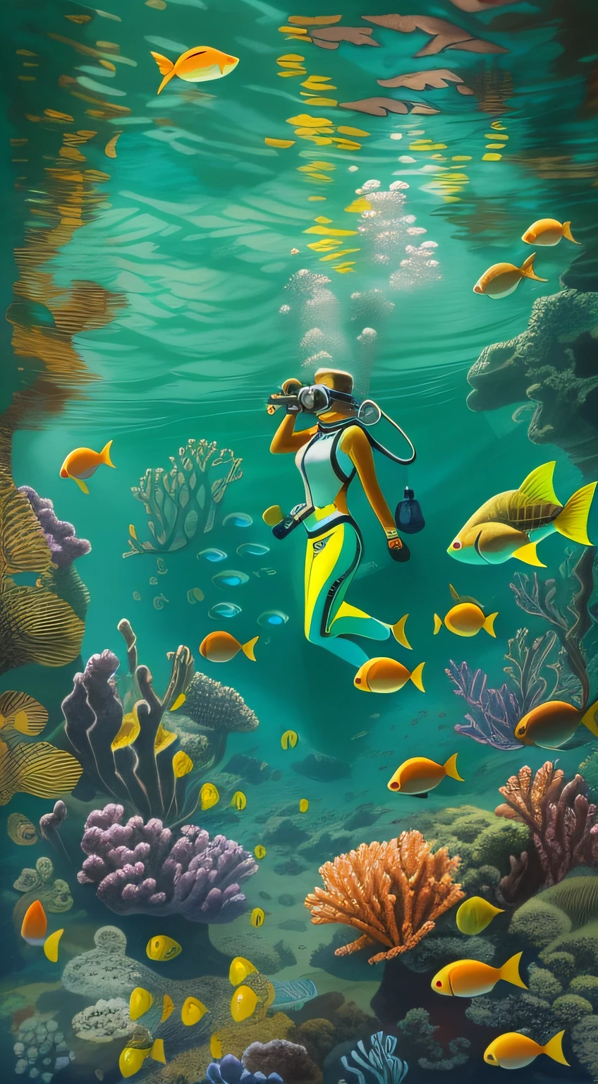 In this mysterious painting under the sea,A brave female diver becomes part of the picture。She wears diving gear,Dive into the turquoise waters。Ancient shipwrecks lie quietly at the bottom of the sea,Beautiful coral reefs surround it。
Marine life lives in harmony with female divers,Colorful fish dance,Turtles walk gracefully through it。The female diver's gaze flashed with curiosity and awe of the underwater world。
This painting shows the courage and beauty of women,and a magnificent sight of man and nature in harmony。