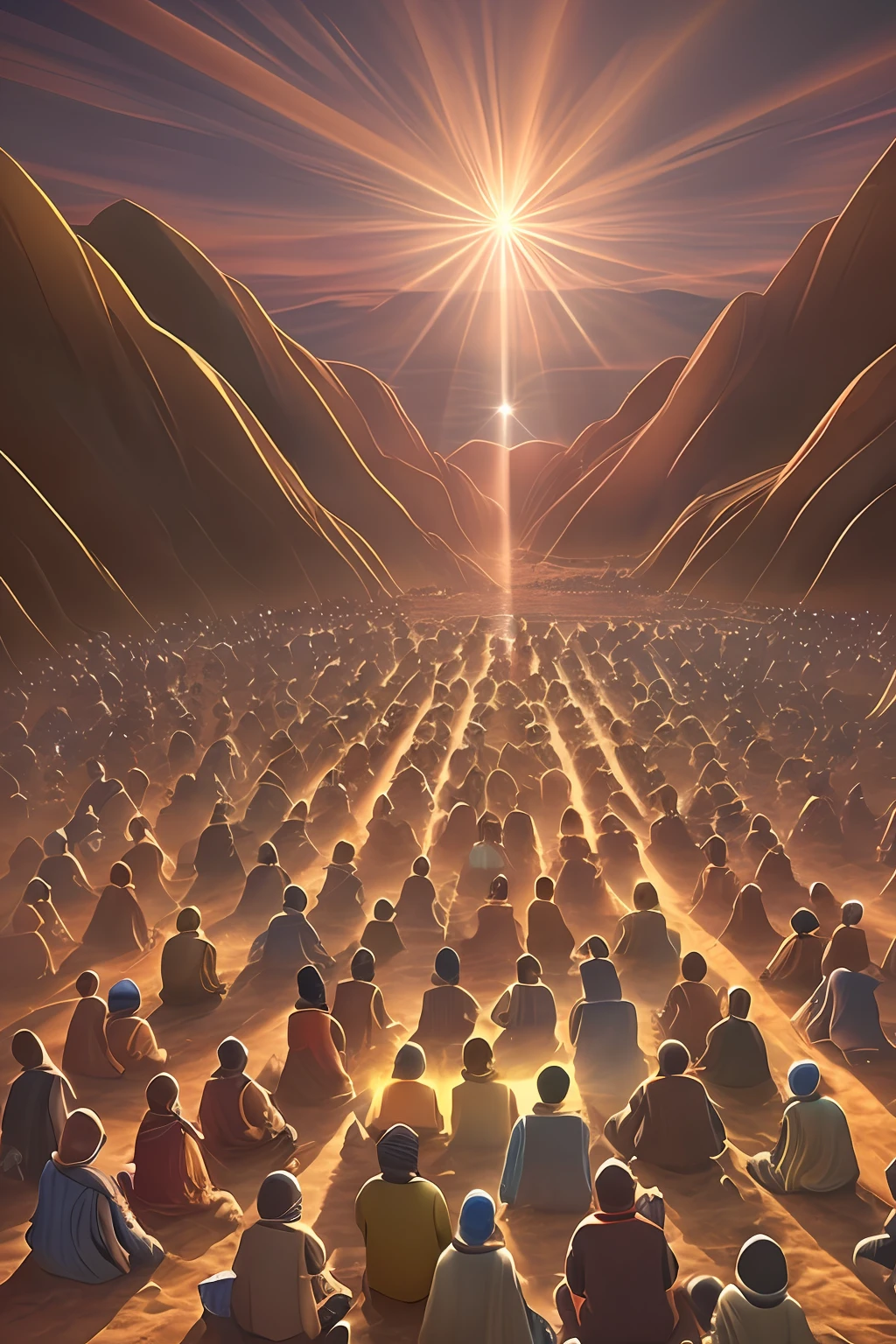 Generate an awe-inspiring image set in a vast desert where a large group of pilgrims prostrate themselves in worship of a miraculous deity. Divinity manifests as a luminous, ethereal silhouette in the sky.