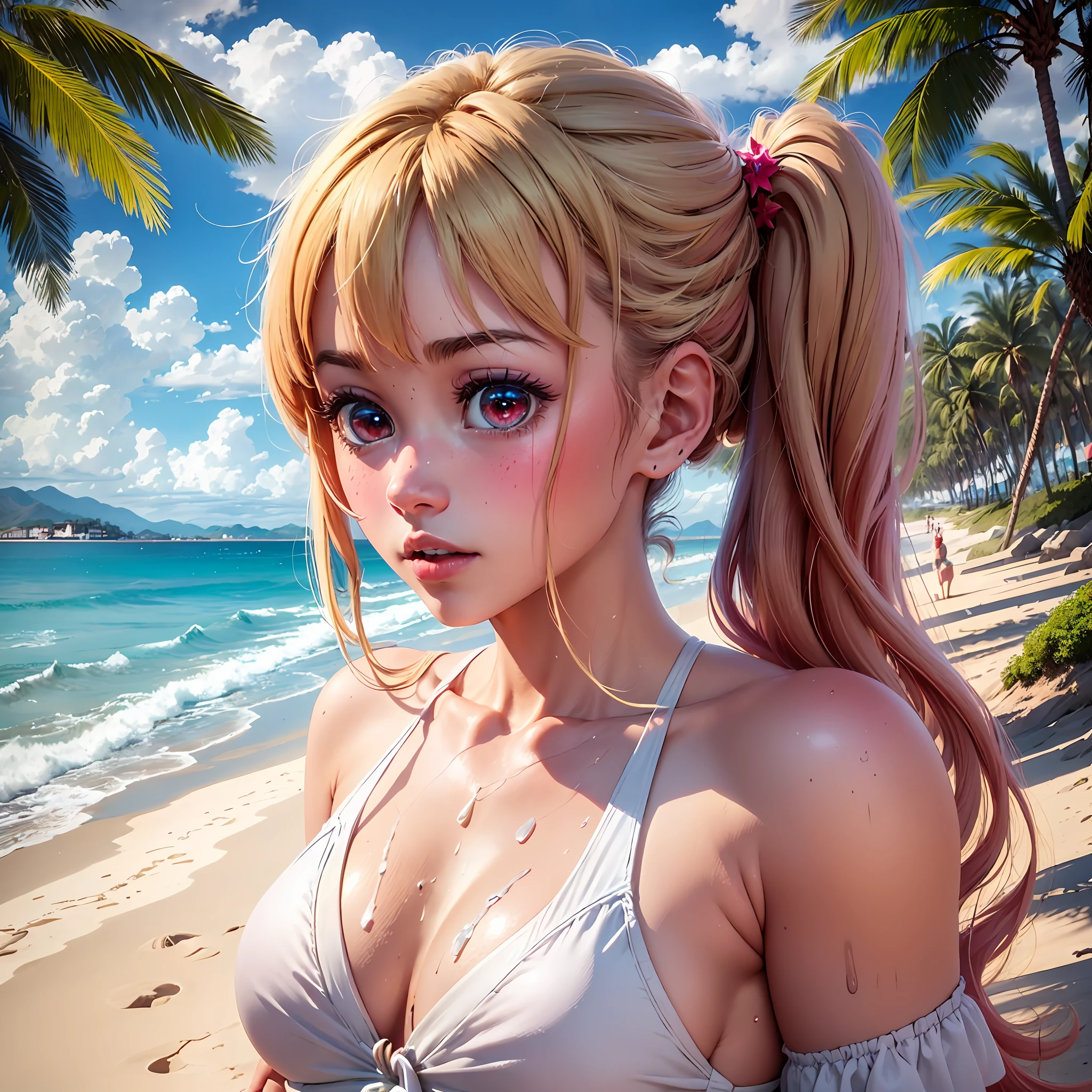 1girl (masterpiece) (best quality)(shiny hair)(shiny skin), Ruby Hoshino, swimsuit, white swimsuit, 1 girl, Solo, Ruby Hoshino, Symbol-shaped pupil, (Left star pupil:1.2), Sparkly eyes, (Left star: 1.2), Symbolic eyes, Red eyes, Long hair, Blonde hair, Bangs, Blush, (Side ponytail: 1.1), (Beach, palm trees), Beach, clear water, ( blue sky, cumulonimbus), (island), (hibiscus), (wet skin: 1.2)