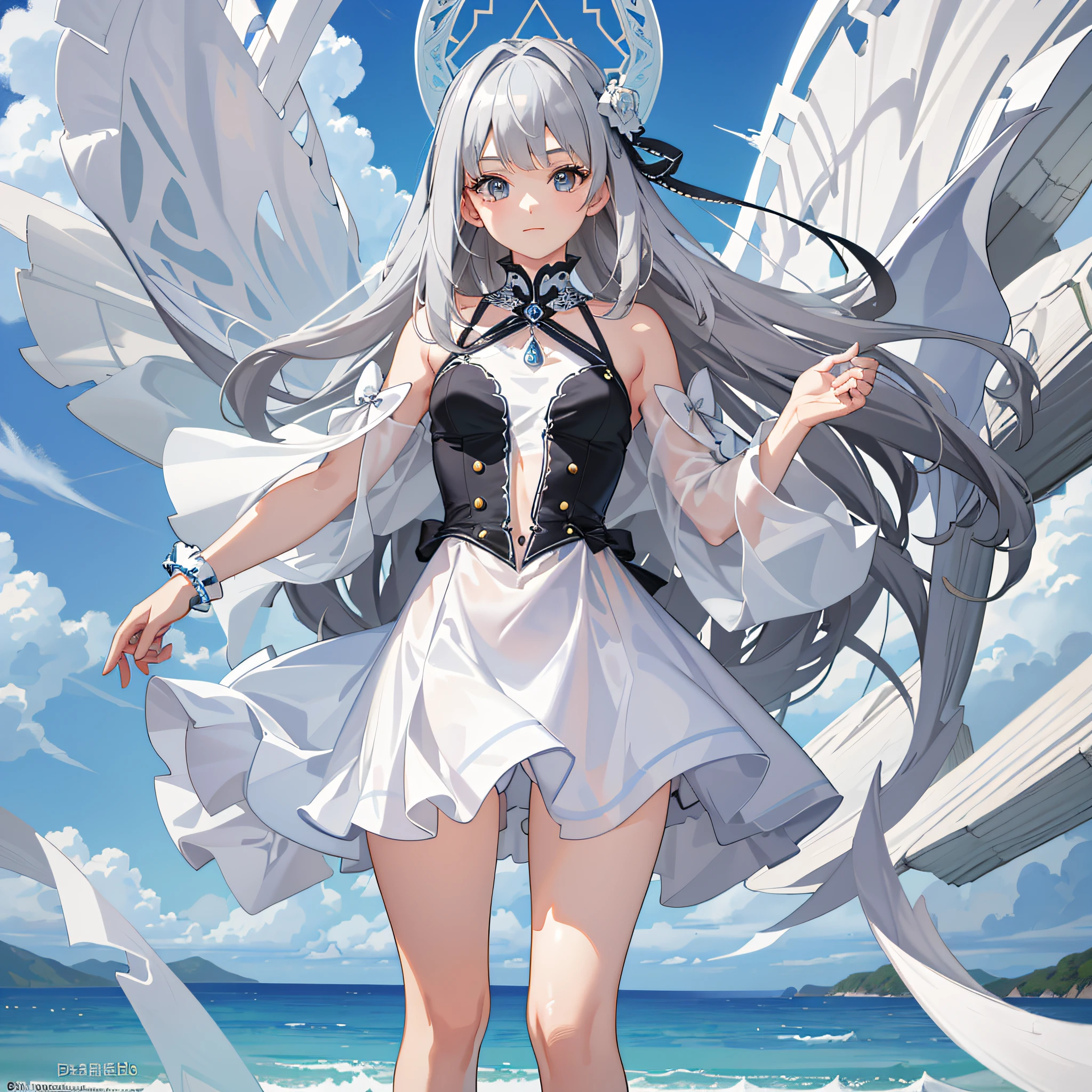(Ultra-detailed background,detailedbackground),absurderes,A high resolution,ultra - detailed,extremely detaile,1girl,(zentangle:1.2),(geomerty:1.2),(a color),A person two-dimensional royal sister swimsuit seaside gray hair white skin