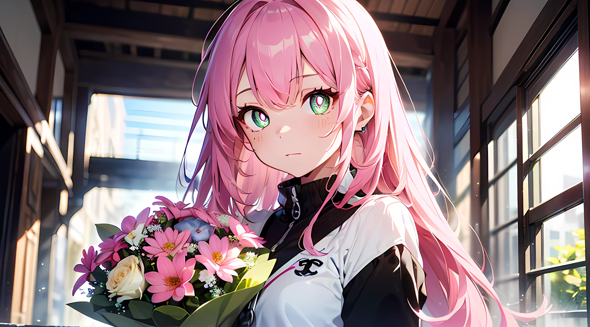 Hand over a bouquet of flowers(((masutepiece))),((ultra - detailed,Best quality)),((Pink hair, Long hair,Straight hair,two sides up)) (Green eyes),eye shadows, eyeline,glowing light eyes, hyper detail eyes, intricately detailed eyes, Beautiful eyes, ((Glowing pink pupils))18-year-old girl.Chanel、Kaihuai