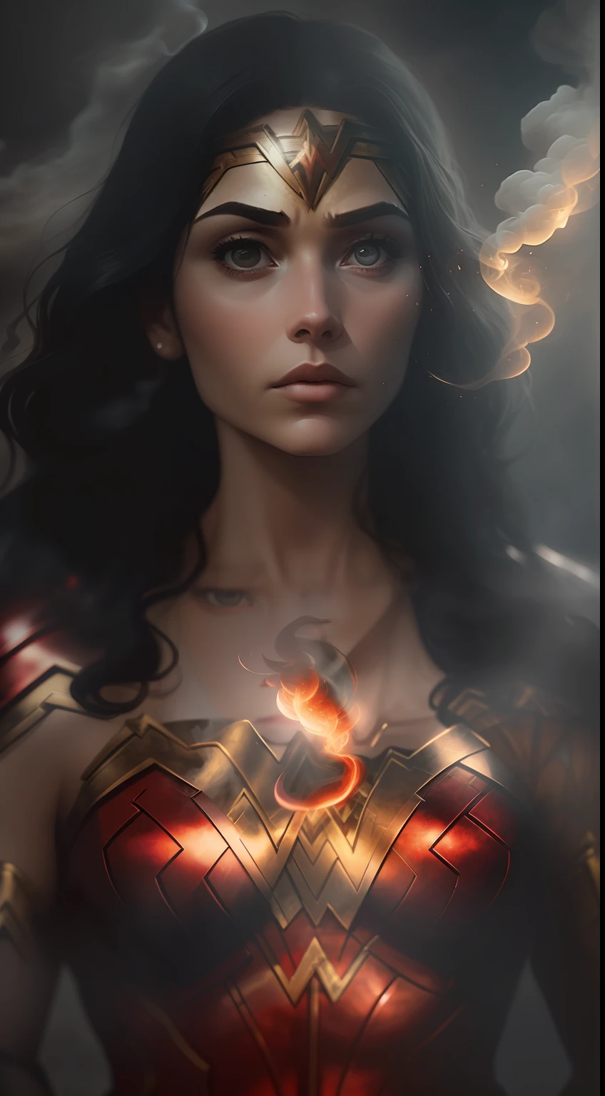 (A gloomy snapshot: 1.1), Epic Realistic, DC Comics' Wonder Woman in a Red Smoke Cloud, soft cinematic light, Adobe Lightroom, Photo Lab, HDR, an intricate, Highly detailed, (Depth of field: 1,4), hyper-detailing (Artstation: 1,4), Filmic, Warm light, Dramatic light (Complicated details: 1,1)