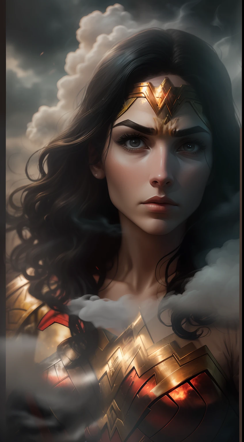 (A gloomy snapshot: 1.1), Epic Realistic, DC Comics' Wonder Woman in a Red Smoke Cloud, soft cinematic light, Adobe Lightroom, Photo Lab, HDR, an intricate, Highly detailed, (Depth of field: 1,4), hyper-detailing (Artstation: 1,4), Filmic, Warm light, Dramatic light (Complicated details: 1,1)