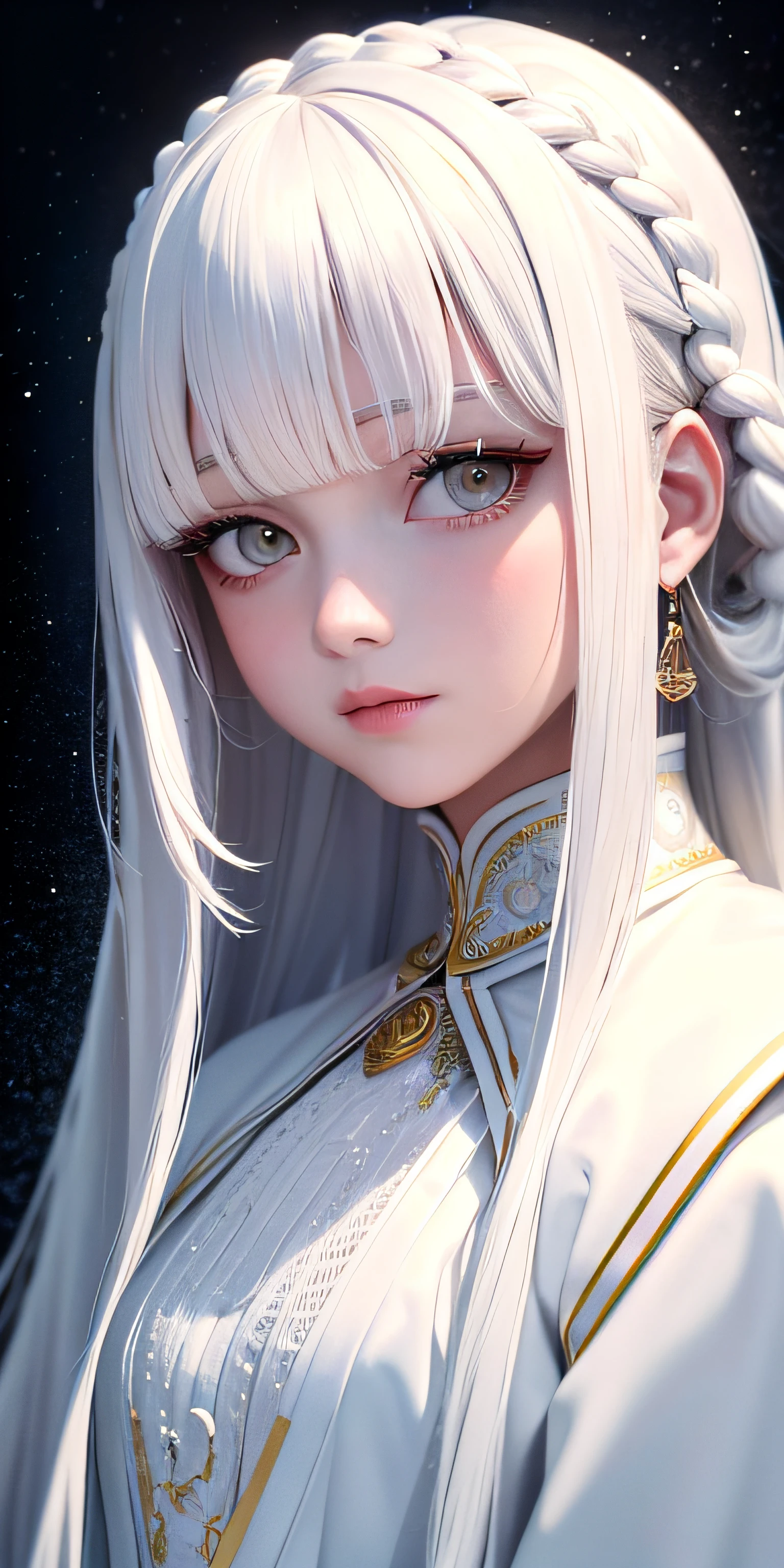 best quality, masterpiece,white hair, gold eyes,white clothes, looking up, upper body,hair strand,Fair skin,side braids