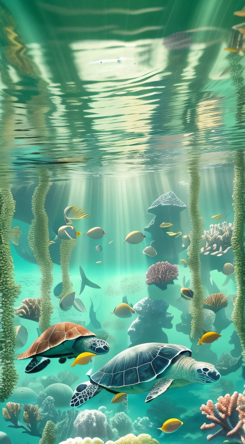 (Sea bottom),(The wreck of a shipwreck),Lie quietly at the bottom of the sea。(Beautiful coral reef)Blooming with brilliant colors,It adds a lot to the seabed。 (Marine life)Swim among the coral reefs,A group of smart little ones(The fish)splashing in the water。among others,A sea turtle glides gracefully across the ocean floor,And a huge whale swims leisurely in the distance