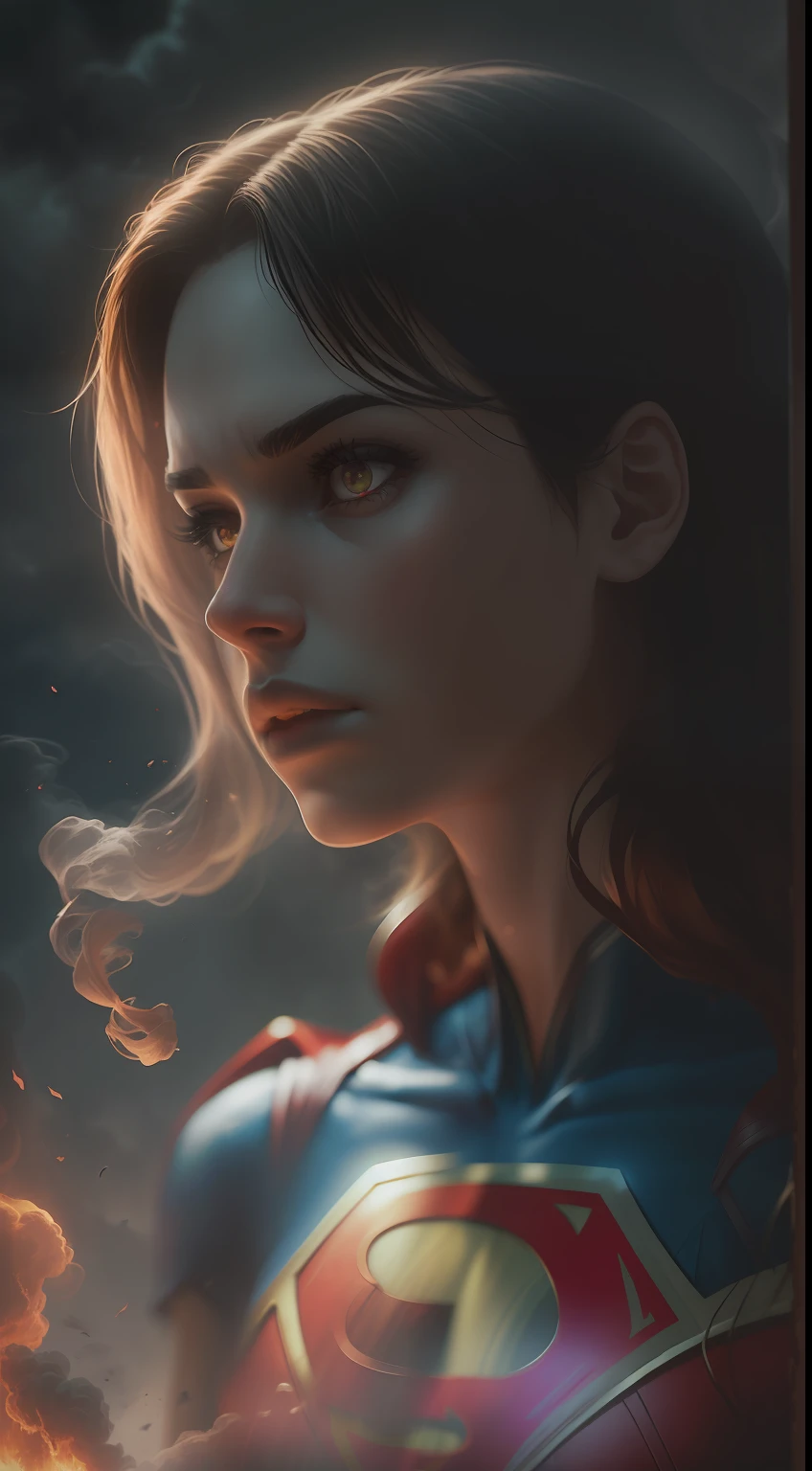 (A gloomy snapshot: 1.1), Epic Realistic, DC Comics' Supergirl in a Red Smoke Cloud, soft cinematic light, Adobe Lightroom, Photo Lab, HDR, an intricate, Highly detailed, (Depth of field: 1,4), hyper-detailing (Artstation: 1,4), Filmic, Warm light, Dramatic light (Complicated details: 1,1)
