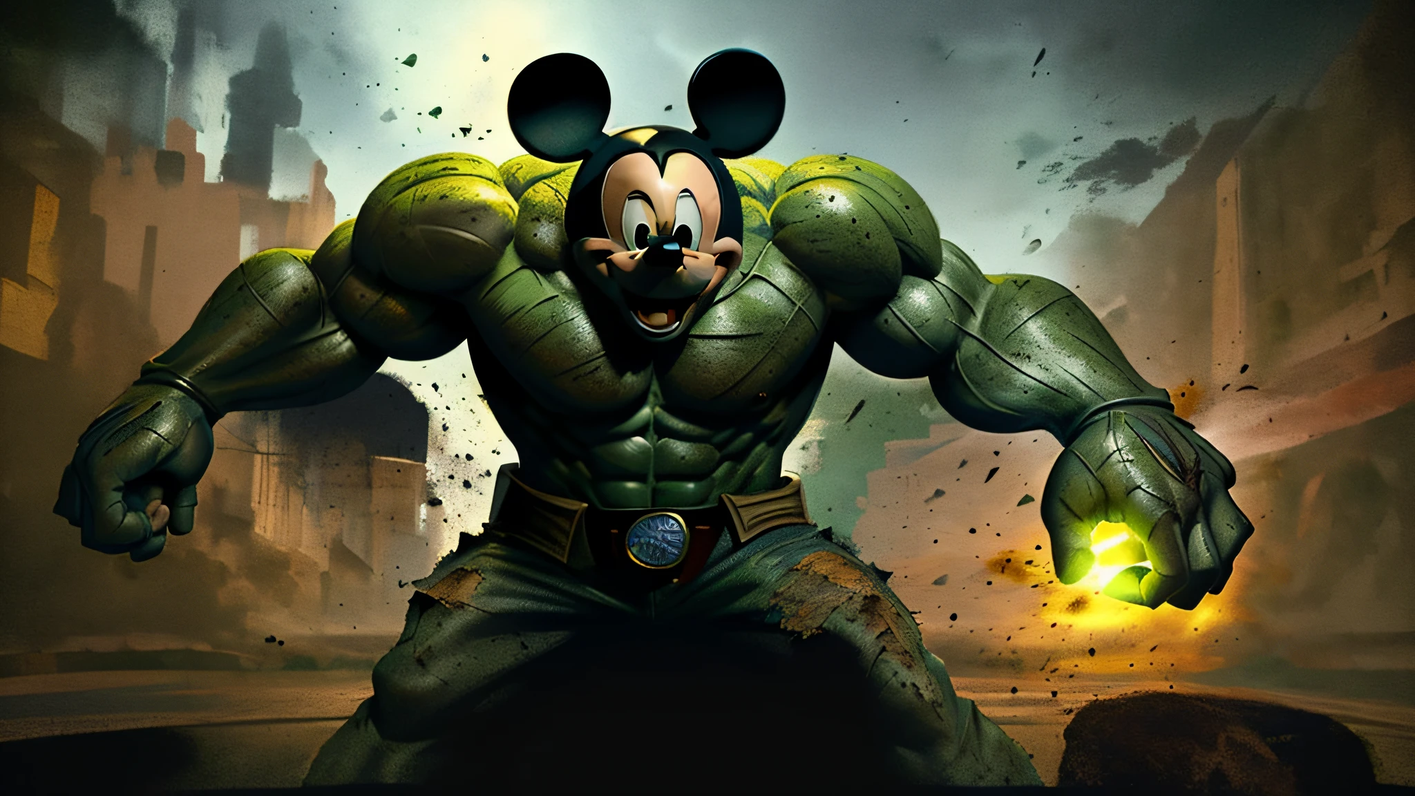 (best quality) Detailed and stylized illustration of (Mickey Mouse) transformed into (The Hulk). Emitting great power, massive and muscular physique, with green skin, ripped clothes, and enraged facial expression, this artwork has a (comic book style) feel to it. (Dynamic angle) showcasing every detail, (high contrast) between light and shadow, with (vibrant colors), this (ultra-detailed) and (masterpiece) artwork will leave any viewer in awe.