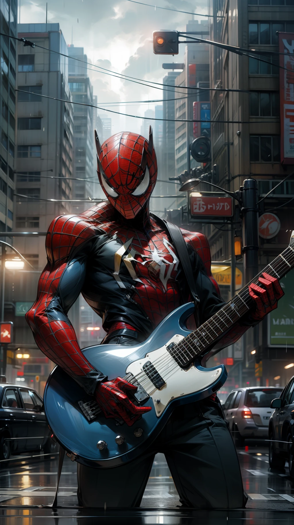 rainy sky，spiderman plays a guitar at an intersection