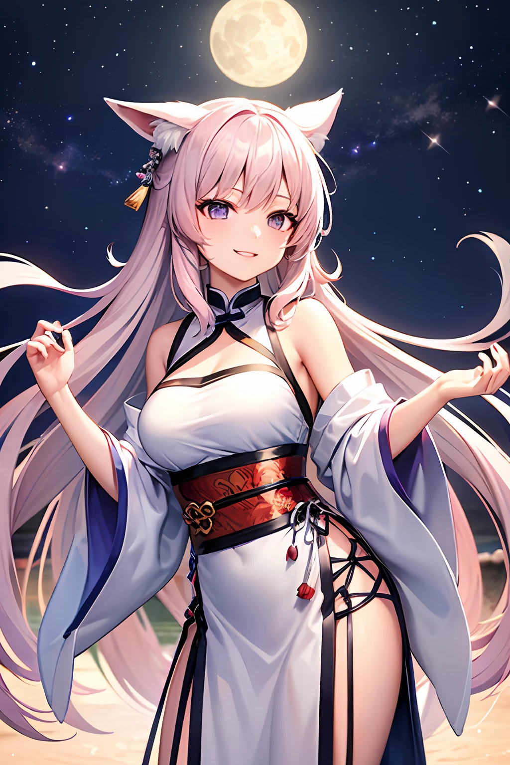 tmasterpiece、night scene、moon full、1female、Cute girl、China-style、Ancient China、Sister、Royal sister、in cold face、Sweet smile、Silver white long haired woman、Pale pink lips、Steady、intelligence、tribelt、A starry sky、Independence Hilltop、Xianxia、Sword dancing at the top of the mountain、White-haired fox girl、Hanfu、Pink fox ears、Pink fox tail、Clear purple eyes、Need