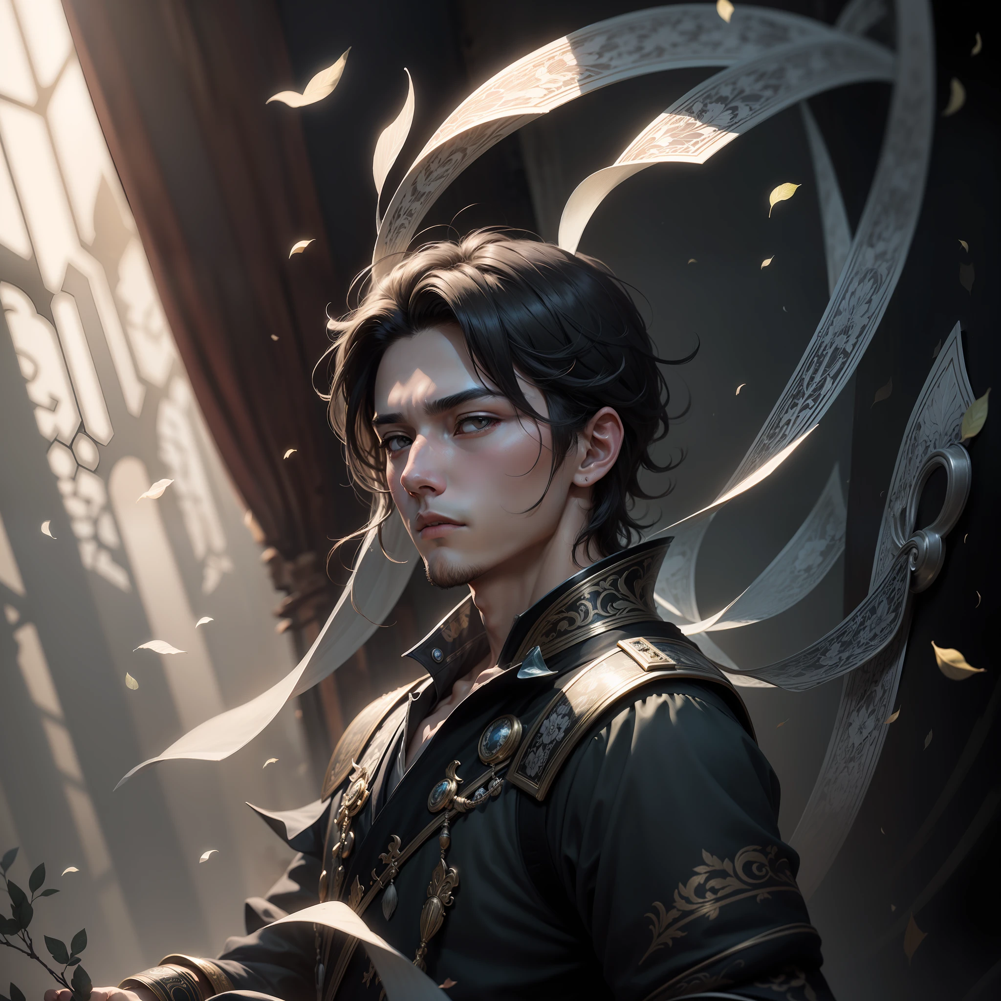 (Painting style:Black and white gray+k hd),(Labels: Young men,Handsome,Be dashing and confident,Slender posture,The face is well defined,Deep eyes,Clean up,National style elements,Early morning sun),the detail:Fairy under fan/The warrior is out of the mountains,Antique music,Dead leaves flutter,The hilt surrounds,The blue glow lights up,The cold wind was raging,Natural light and shadow intertwine。