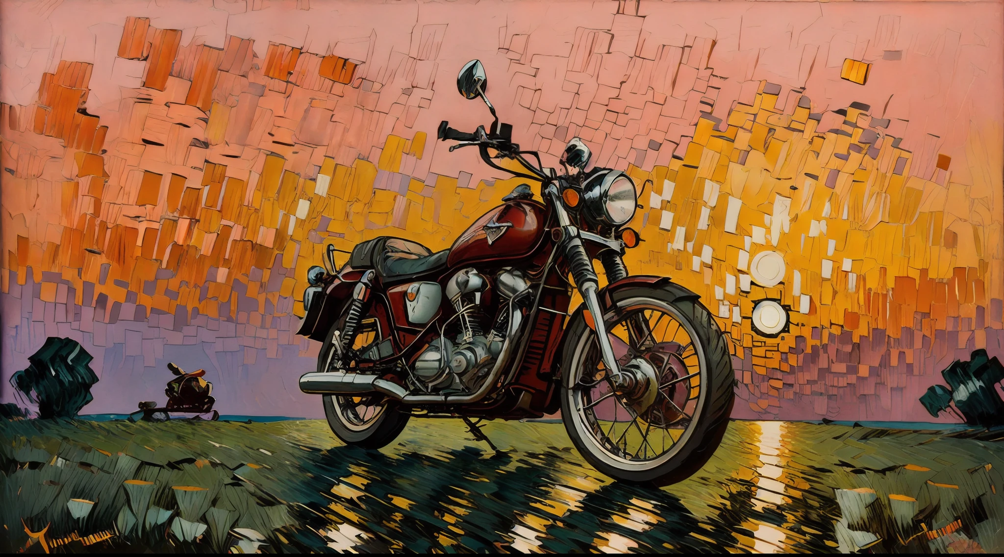 Art style tonalism, tonalism art, sunset, ultra-realistic vintage motorcycle