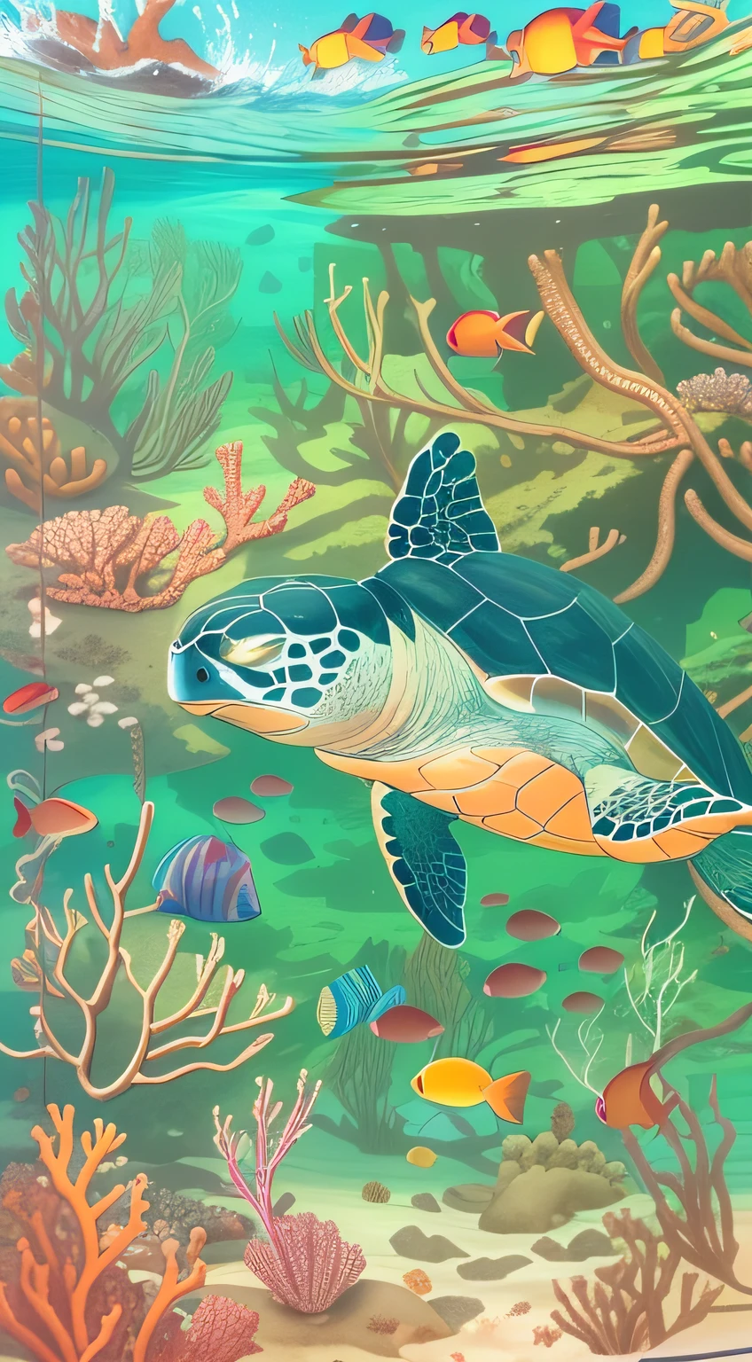 At the bottom is the wreck of a shipwreck,Lie quietly at the bottom of the sea。Beautiful coral reefs bloom with brilliant colors,It adds a lot to the seabed。 Marine life swims among the coral reefs,A school of nimble little fish frolic in the water。among others,A sea turtle glides gracefully across the ocean floor,And a huge whale swims leisurely in the distance。