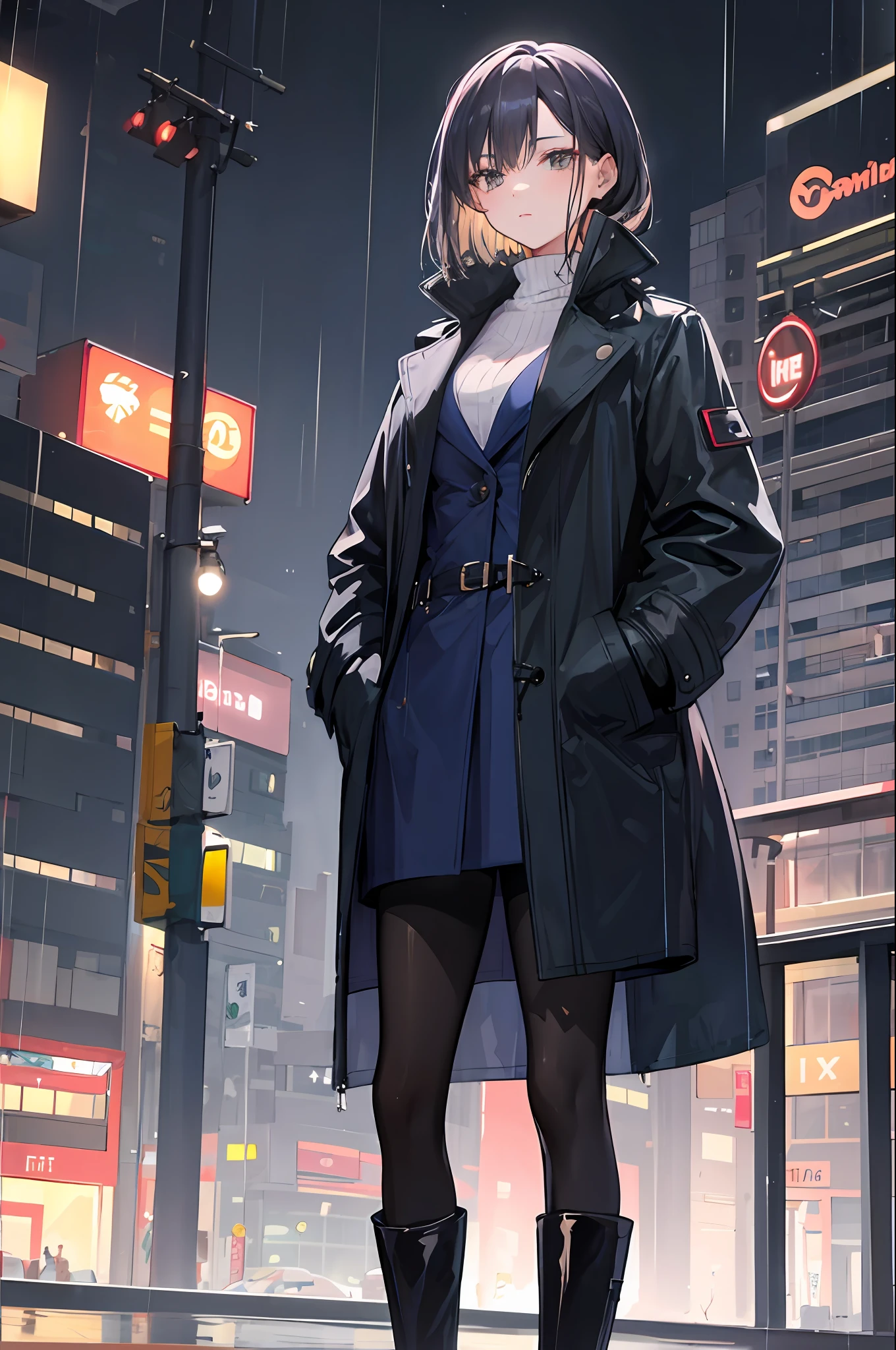 (Mature woman:1.4), night city, rain, coat, black knee boots, pantyhose, hands in pockets
