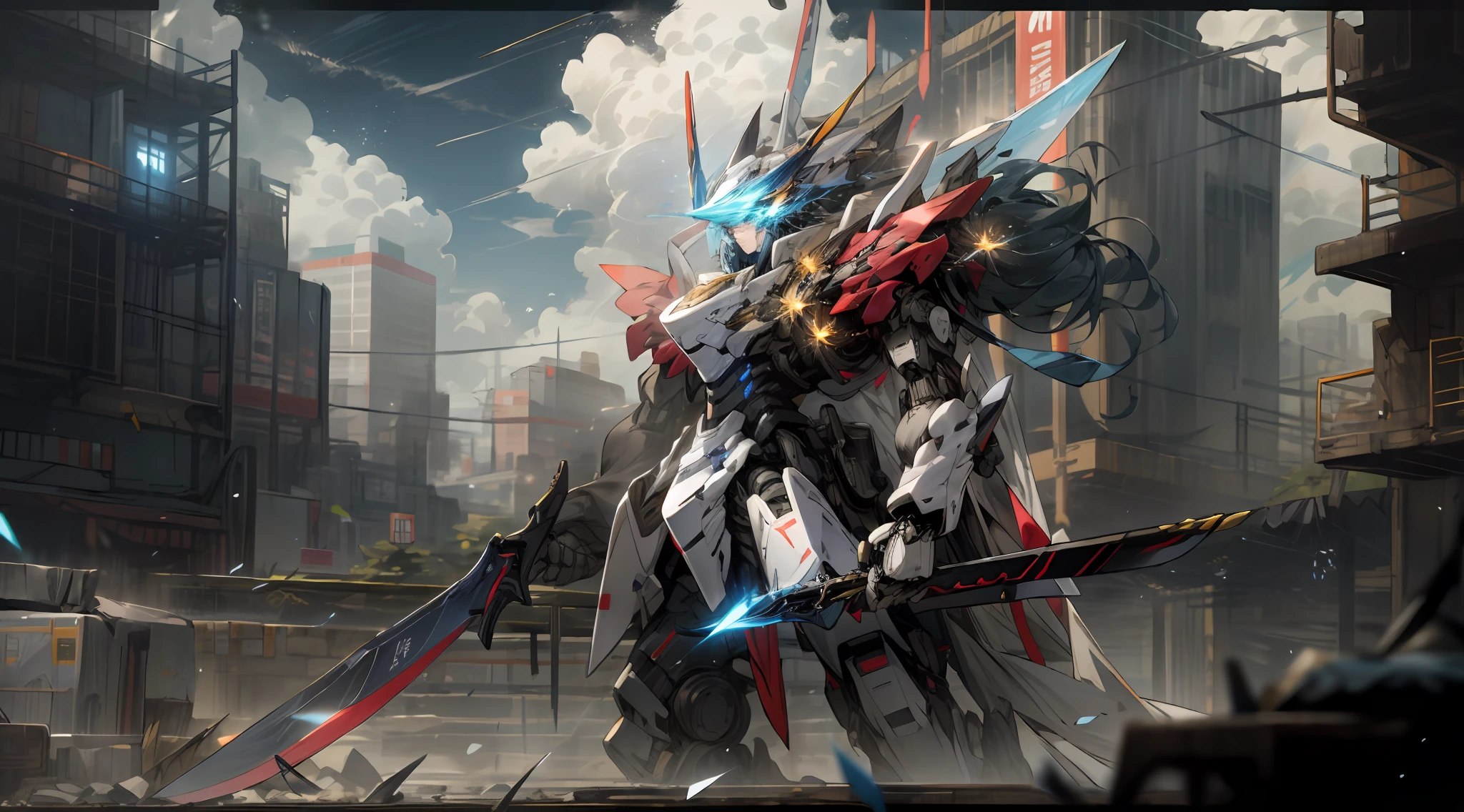On the skyline,The dark clouds of oppression linger,A slim female robot,Holding a large knife with the weapon he carried。,There are two knives。,The body glows softly,Behind it is a splendid urban complex,Each building has its own lights,Dazzling。In this blue city,She wears a mecha cloak,Wielding double thorns,There are also two knives fluttering slightly in the back,The hair dances with movement,The perfect helmet wraps around the entire head,Combined with mechs,One can only glimpse the glimmer of the eye in the mechanical enclosure。The helmet wraps around the entire face,Two small throwing knives hung on his back, glowing white,The arms have blue-white horns