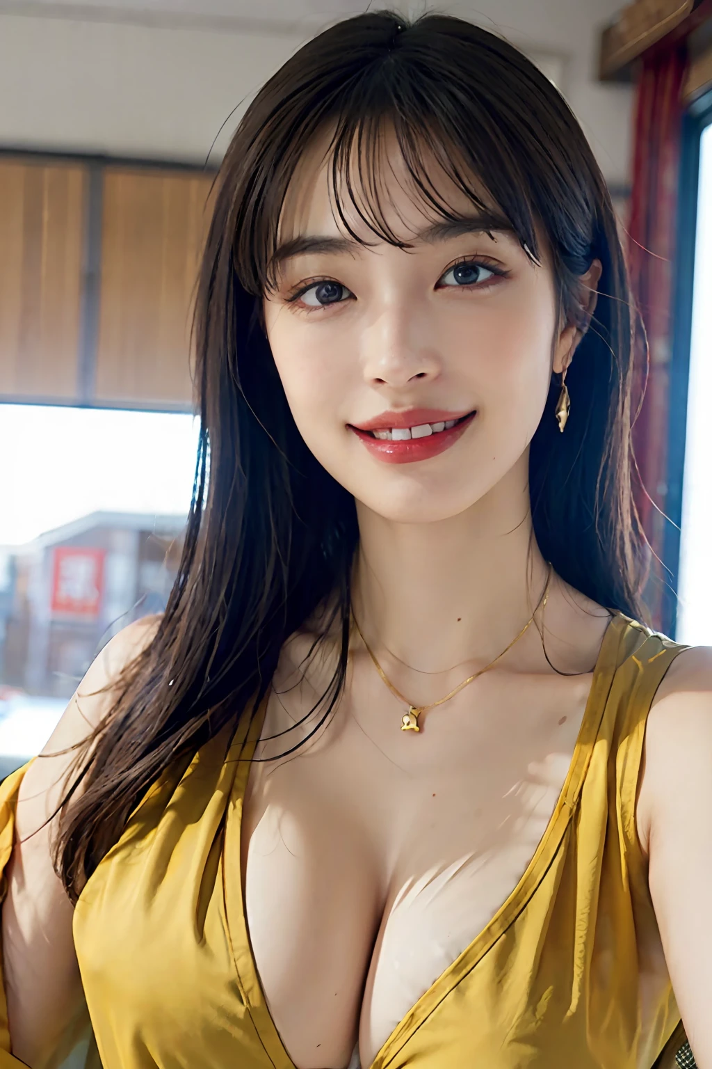 ​masterpiece、top-quality、realisitic、(A hyper-realistic), (illustratio), (hight resolution), (8K), (ighly detailed), (The best illustrations), (beatiful detailed eyes), (top-quality), (ultra-detailliert), (​masterpiece), (wall-paper), (详细的脸), a bed、Upper body close-up,Armpit, A smile,Plump,独奏,（Wearing a silk plunged open shirt:1.5）, full of sweat, japanes, large full breasts, (camel's toe)、huge-breasted、Luxury living room、Detailed white teeth、ultimate beauty girl、No bra、（Thick necklace of gold）、perfect teeth、Brown hair、Light makeup、Navel、