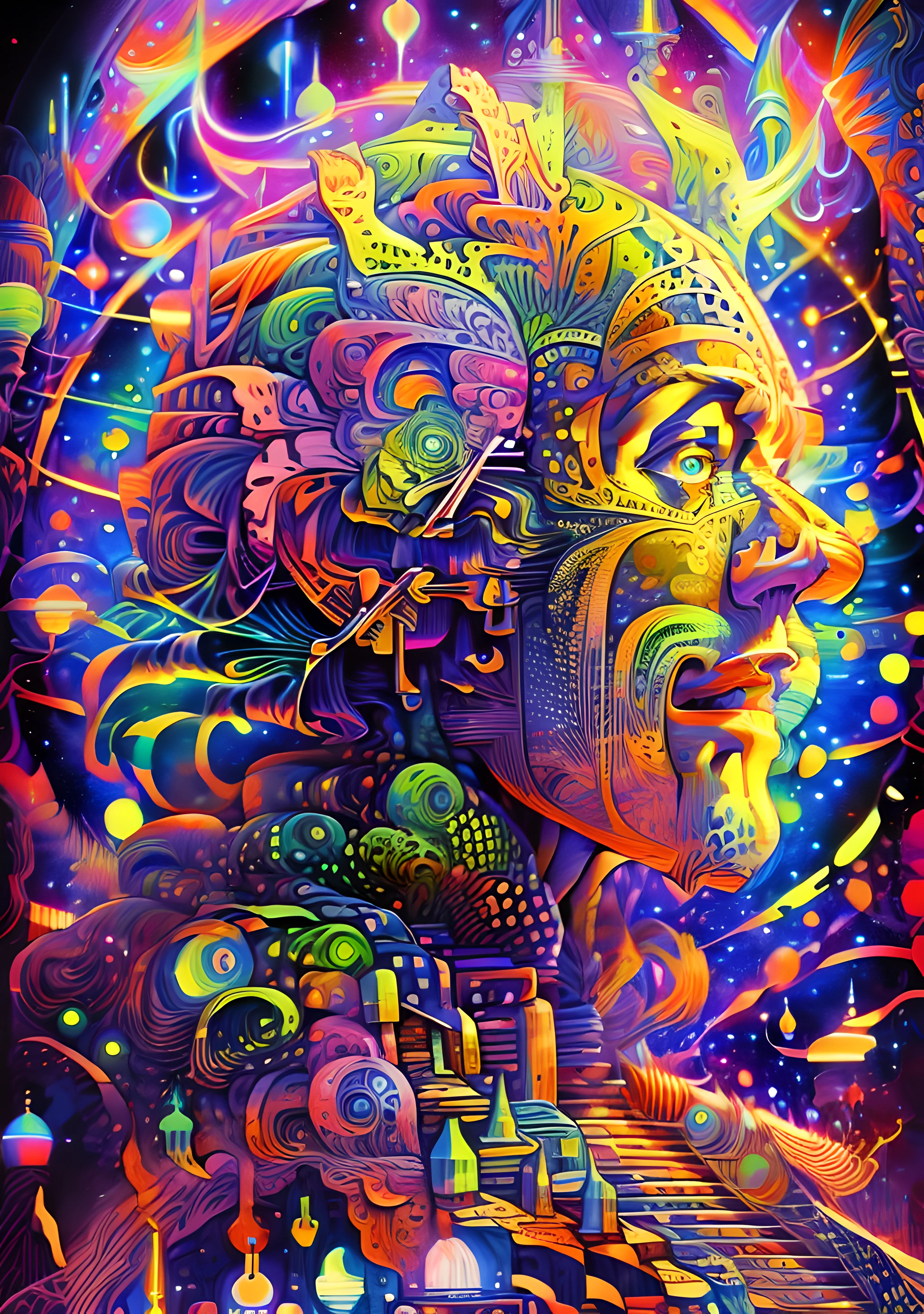 (High resolution, incredibly detailed, masterpiece), portrait of alexander shulgin, featuring fractal geometry in (vibrant colors:0.8), set against a (galactic background:1.2), bringing together complex, mesmerizing shapes and patterns,dmt ,fractal art,holy light.