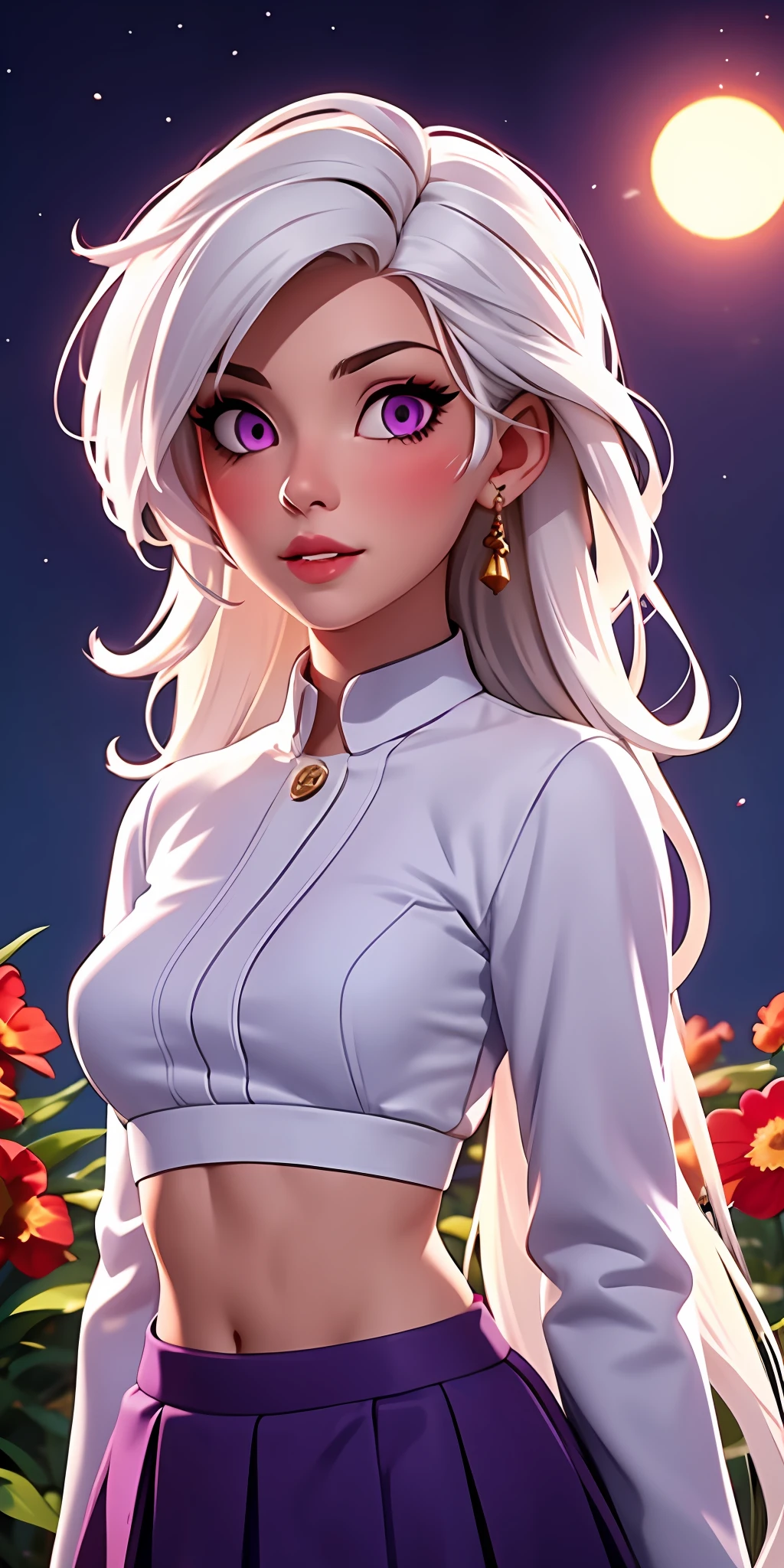 realistic, 1girl, white hair, purple eyes, glowing eyes, crop top, skirt, parted lips, blush, night, flowers, sun, sunlight,