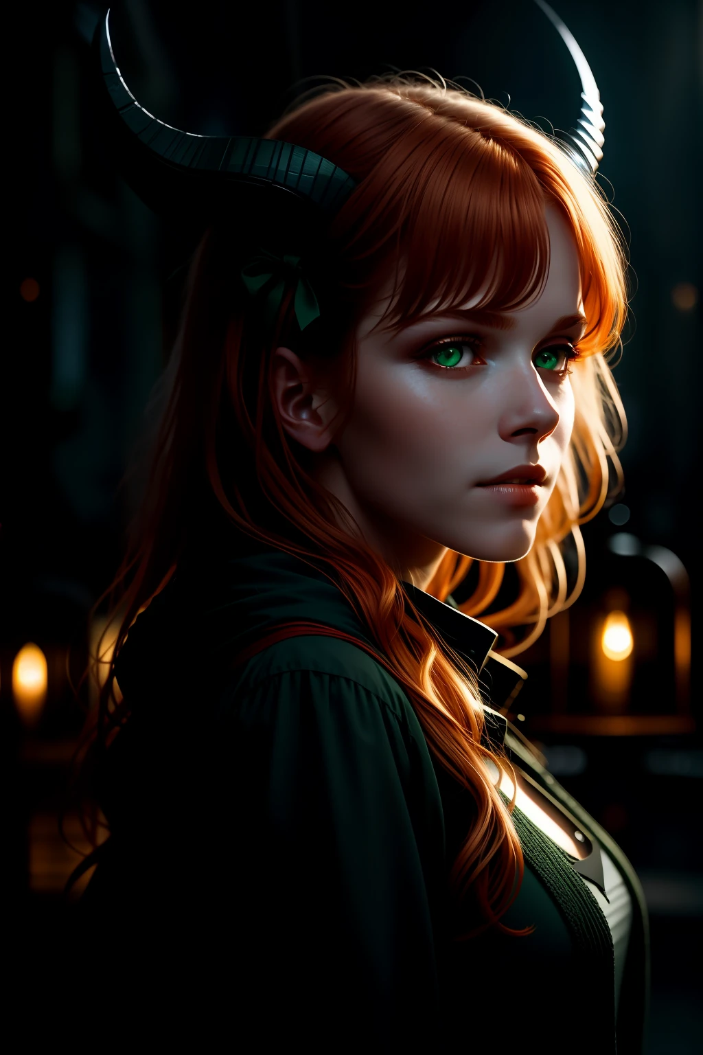 award winning character concept art of, a cute demon girl, green eyes, ginger hair, blurry_background,  black horns, natural lighting, lips, looking_at_viewer, solo, from side, highly detailed 8k character concept portrait studio lighting by Annie Leibovitz and Steve McCurry octane render trending on artstation made in Maya 4K high quality digital painting dramatic lighting ,