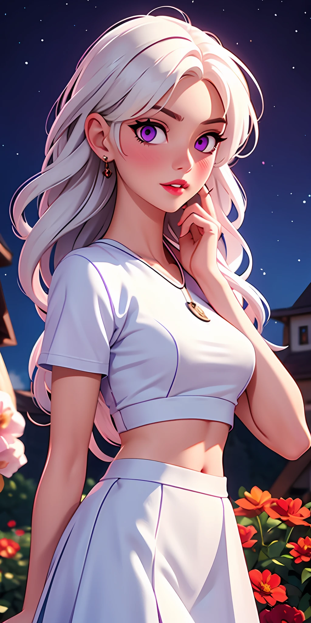 realistic, 1girl, white hair, purple eyes, glowing eyes, crop top, skirt, parted lips, blush, night, flowers, sun, sunlight,
