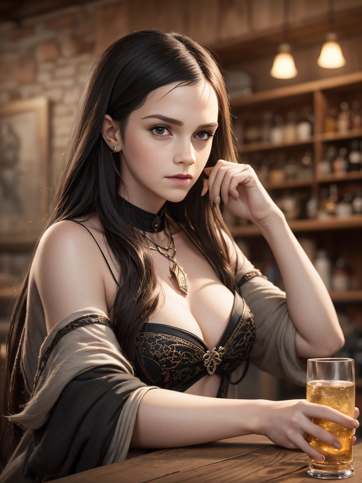 (obra-prima, premiado: 1.5), (qualidade excepcional), (Masterpiece), ((uma garota, olhos perfeitos, olhos com alta qualidade e ultra detalhados, rosto perfeito e angelical, pele realista, pele brilhante: 1.3, rosto brilhante:1.3)), ((perfect hands)), ((emma watson: 1.2)), (rosto realista:1.1, hiperrealista:1.1), ((capuz estilo Assassin's Creed, feiticeira,, adaga, espada curta, abrir fechaduras, pano de couro, pano acolchoado, cinto, bolsa, botas, manto, corda, veneno, amuleto, capa)), ((wolf amulet from the witch series on the neck)), rustic tavern interior in the background, jarro, sinal, atmosfera jovial de fantasia, fundo detalhado, Blurry wooden bar table as foreground, (wallpaper), arte conceitual, detalhes intrincados, altamente detalhado, octane rendering, 8k, dinamic pose, melhor qualidade, alta resolução, ((dramatic)), epic, profundidade de campo, 8k, particuls,