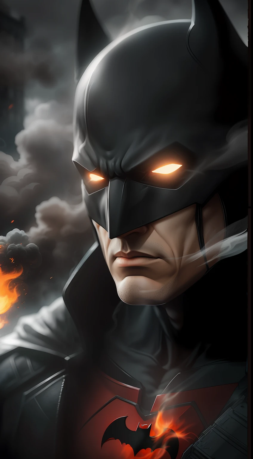 (A gloomy snapshot: 1.1), Epic Realistic, God Batman from DC Comics in a red smoke cloud, soft cinematic light, Adobe Lightroom, Photo Lab, HDR, an intricate, Highly detailed, (Depth of field: 1,4), hyper-detailing (Artstation: 1,4), Filmic, Warm light, Dramatic light (Complicated details: 1,1)