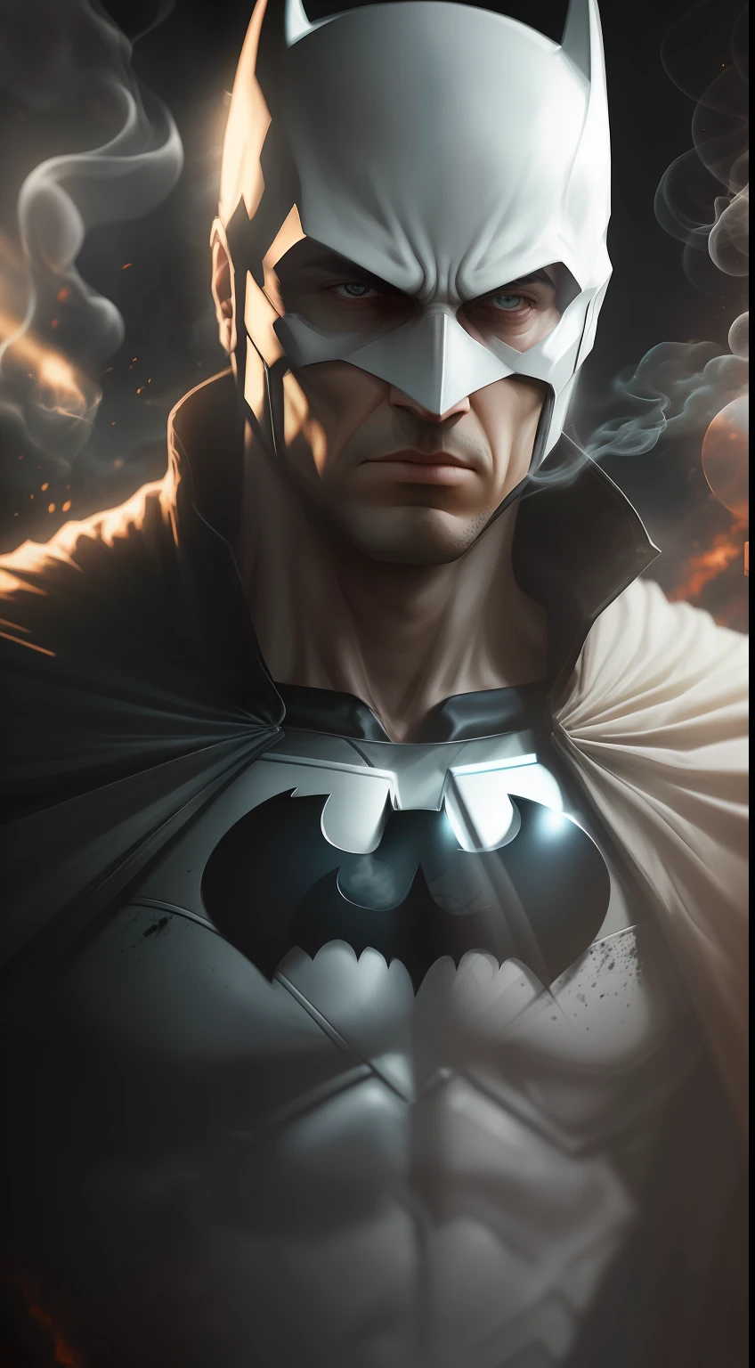 (A gloomy snapshot: 1.1), Epic Realistic, White Batman from DC Comics in a red smoke cloud, soft cinematic light, Adobe Lightroom, Photo Lab, HDR, an intricate, Highly detailed, (Depth of field: 1,4), hyper-detailing (Artstation: 1,4), Filmic, Warm light, Dramatic light (Complicated details: 1,1)