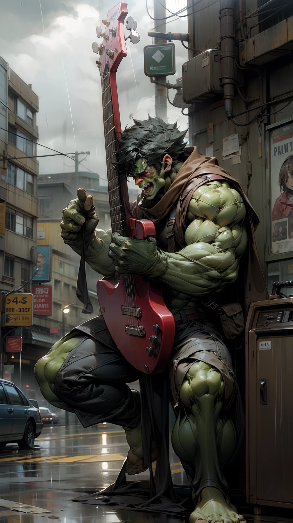 rainy sky,hulk plays a guitar at an intersection