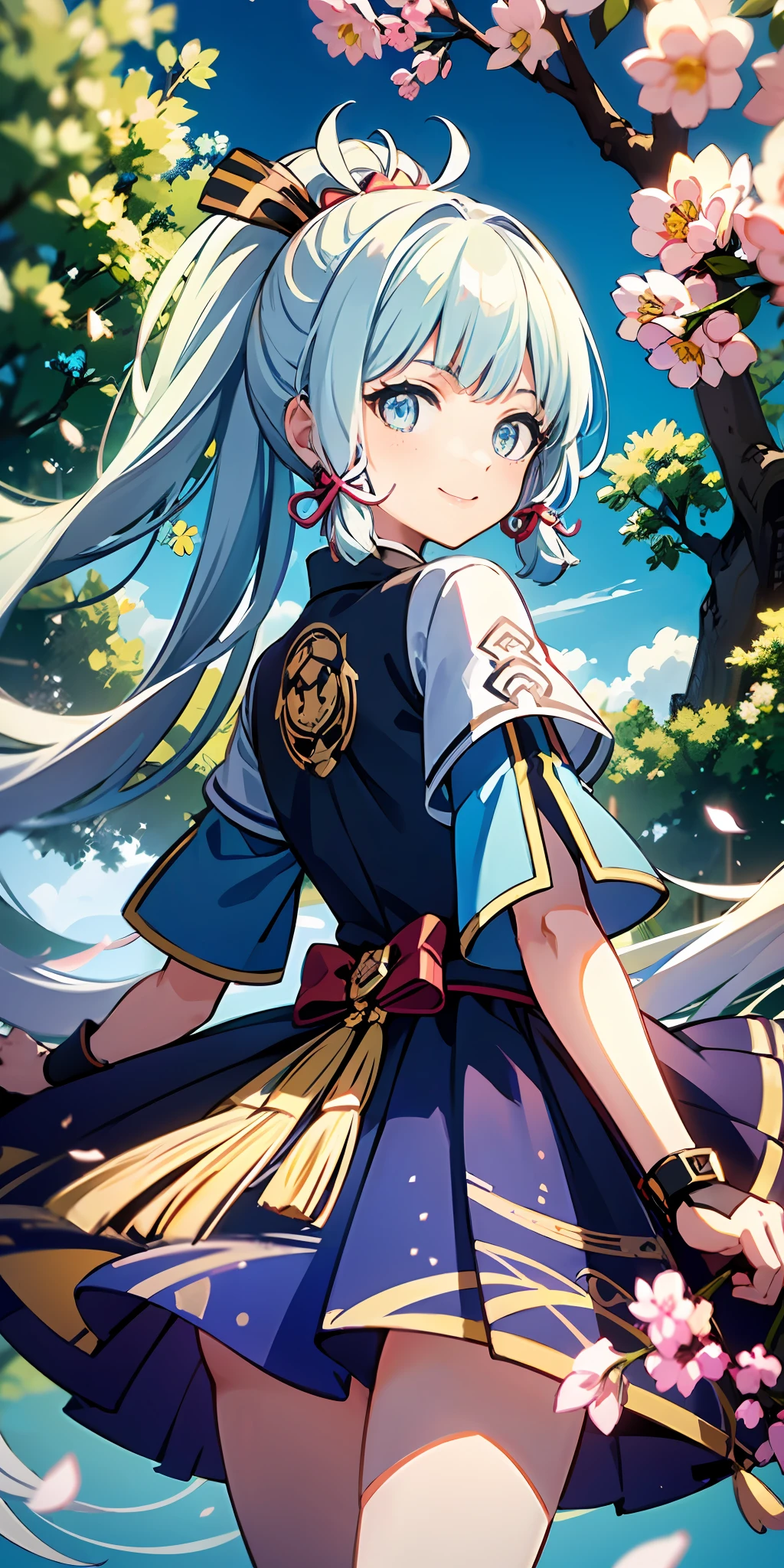(((tmasterpiece))), 8K分辨率, Wallpapers,highly detailed, (((Very detailed eyes))),a beauty girl,(School background) detailed back ground, cinmatic lighting, Facing the audience,Genshin painting style,(Holding a black fan in his hand),exquisite facial features,crystal shining eyes,(Wear a white dress:1.3),Super beautiful and beautiful girl, high high quality, A high resolution, Hyper-detailing, (Smile without showing teeth),best qualtiy, 1girll, 独奏,(light blue hair),light particules,sunny clear sky,the cherry trees, (tmasterpiece:1.3), (best qualtiy:1.2), (super fine illustrations:1.2), high high quality, high detal, (独奏:1.4), full bodyesbian, 1girll, Kamiasto ayaka, Be red in the face, Black gloves,
