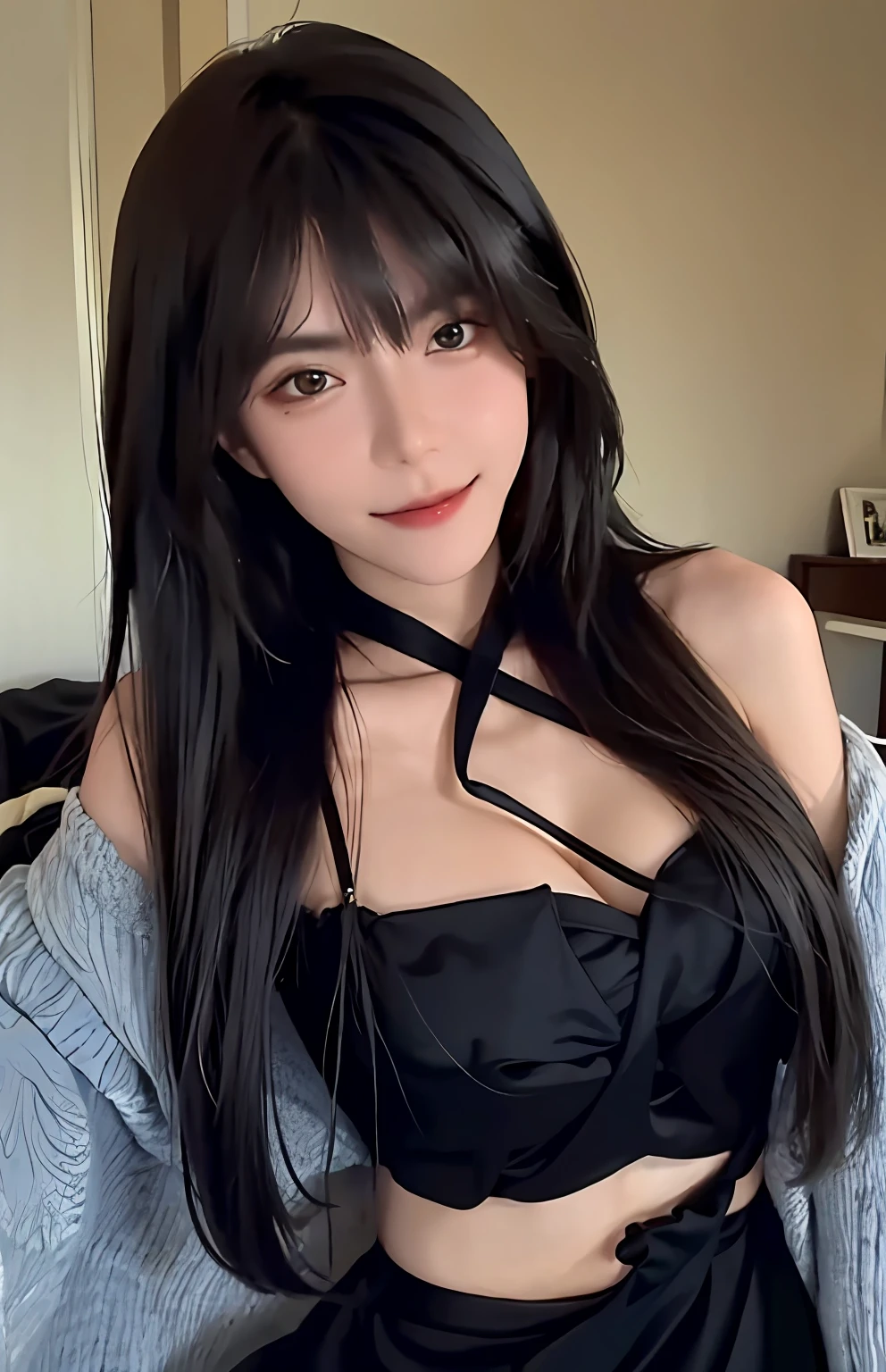 best qualtiy, tmasterpiece, 超高分辨率, (realisticlying:1.4), RAW photogr,1girl,((Black hair,ssmile,Black satin dress)),((Bigchest)),slim,Highly detailed facial and skin texture,Detailed eyes,二重まぶた