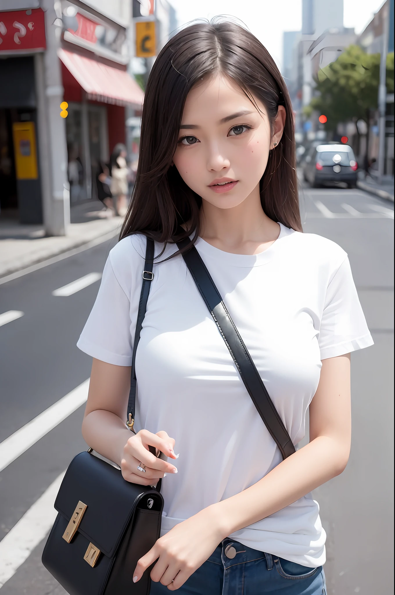 (8K, highest quality, masterpiece: 1.3), (realistic, photorealistic: 1.4), ultra high definition, 1 girl, (japanese female), (hanging breasts), (sagging breasts), (high-definition cute face), (white T-shirt), (1 crossbodybag: 2), citystreet, professional lighting, high-definition fingers, high-definition eyes, high-definition teeth, upper body