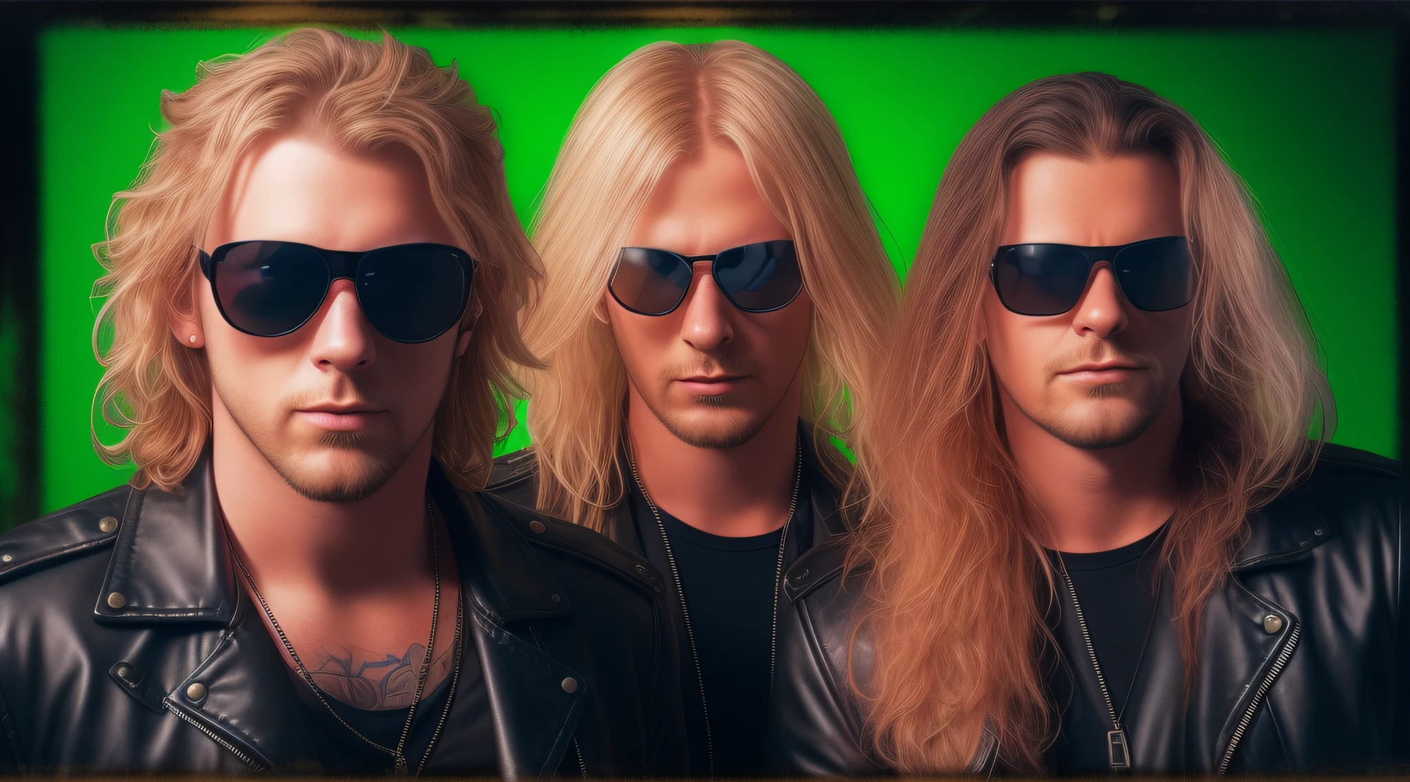 3 BLONDE BOYS LONG HAIRED, in black leather jackets and sunglasses, HALF BODY, SOFT GREEN BACKGROUND LIGHTS, posing for a photo, high quality photo, very low quality image, heavy rock band promotional photo, phosphorescent, heavy metal band promo, photo of a promotional session, very high quality,  war photo, the scooter (EDM band, sinister vibe, the name of the band is Roborock