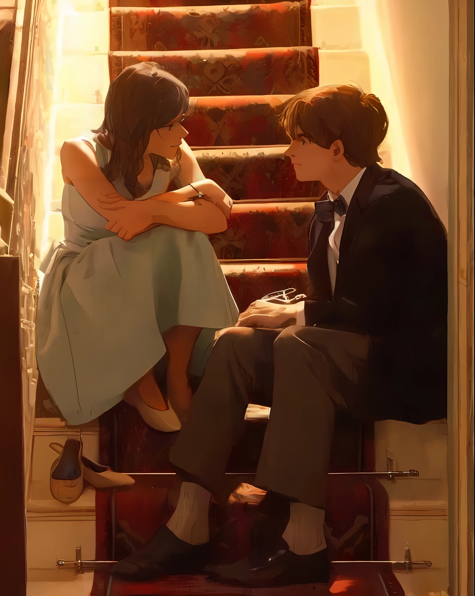 there are two people sitting on the stairs of a house, they are in love, very realistic film still, cinestill!!, the most beautiful scene, flirting, high art, looking at each other mindlessly, intense flirting, beautiful scene, from a movie scene, biopic, high quality film still, in love, # film, beautifully, realistic movie still