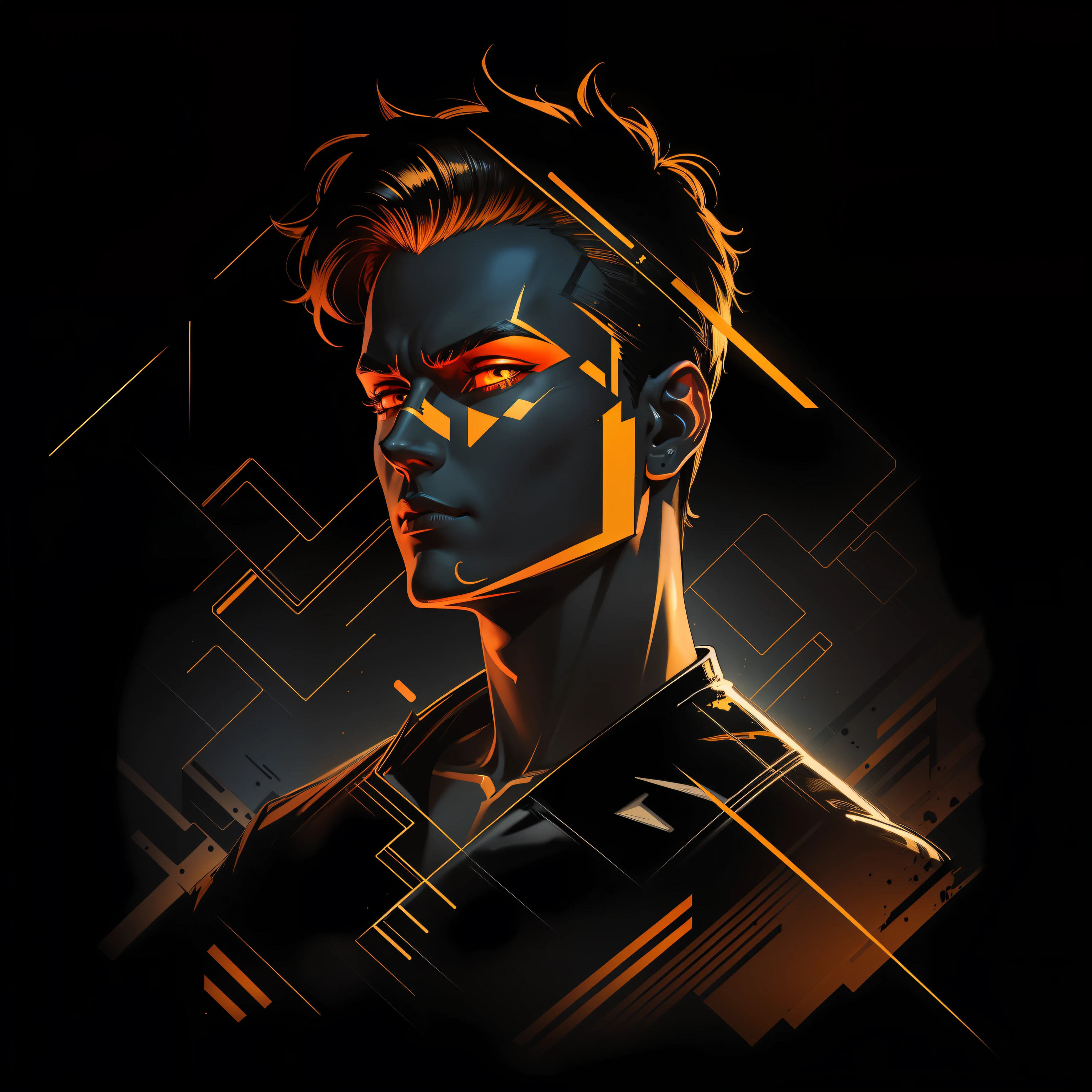 handsome guy, black background, vectorized, synthwave, gold black yellow red orange, bright neon colors on a dark background, zoom in face silhouette