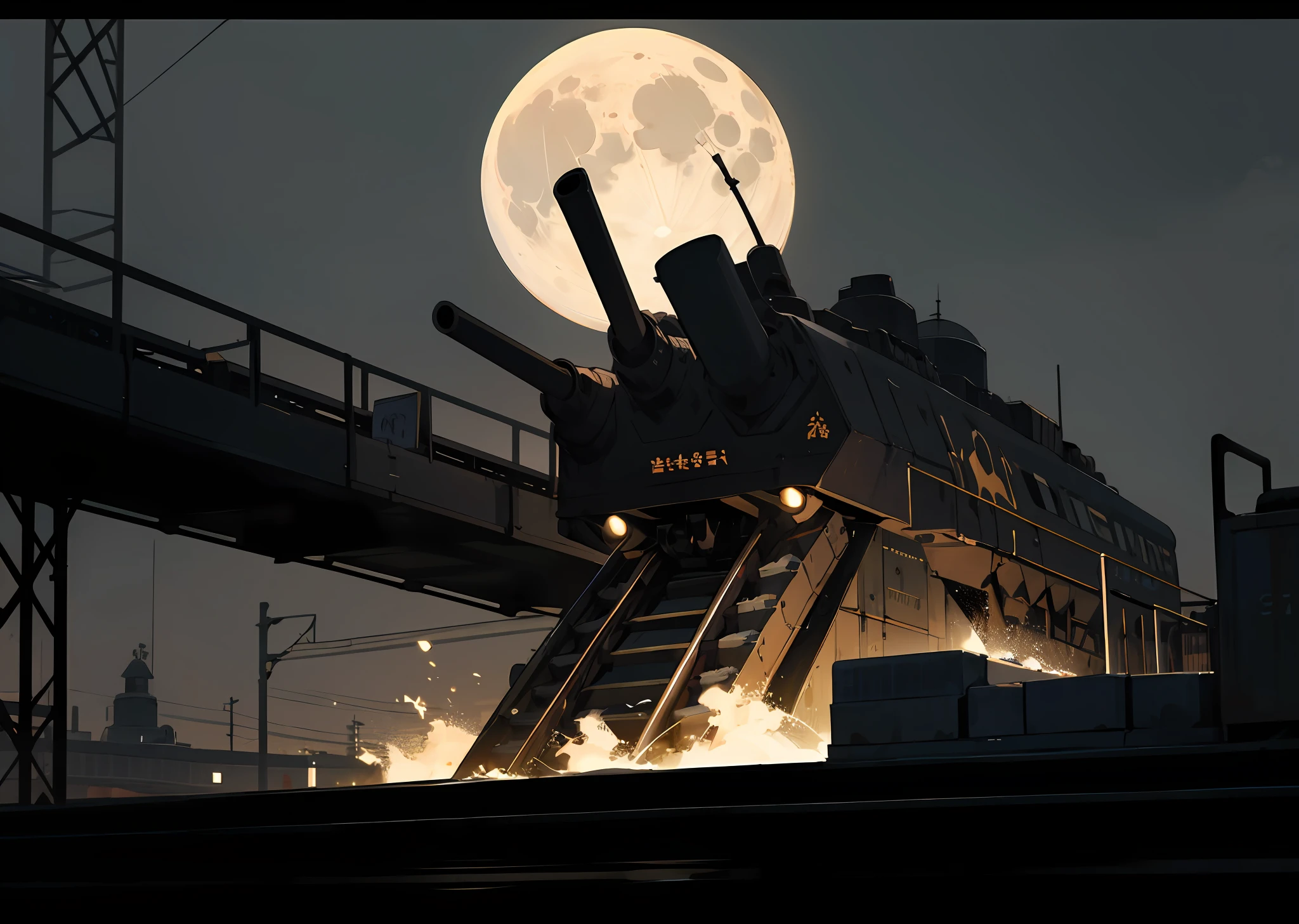 tmasterpiece,Best quality at best,Empty train station,Heavy military trains(Armor and turret:1.2),No Man,simple backgound,the night,The full moon is dim,(a thunder storm:1.15)Background with,Mono Color,machine arm,Stretch the arms of the train,fort,Empty background,Sea bull air defense system on top of the train,Empty background
