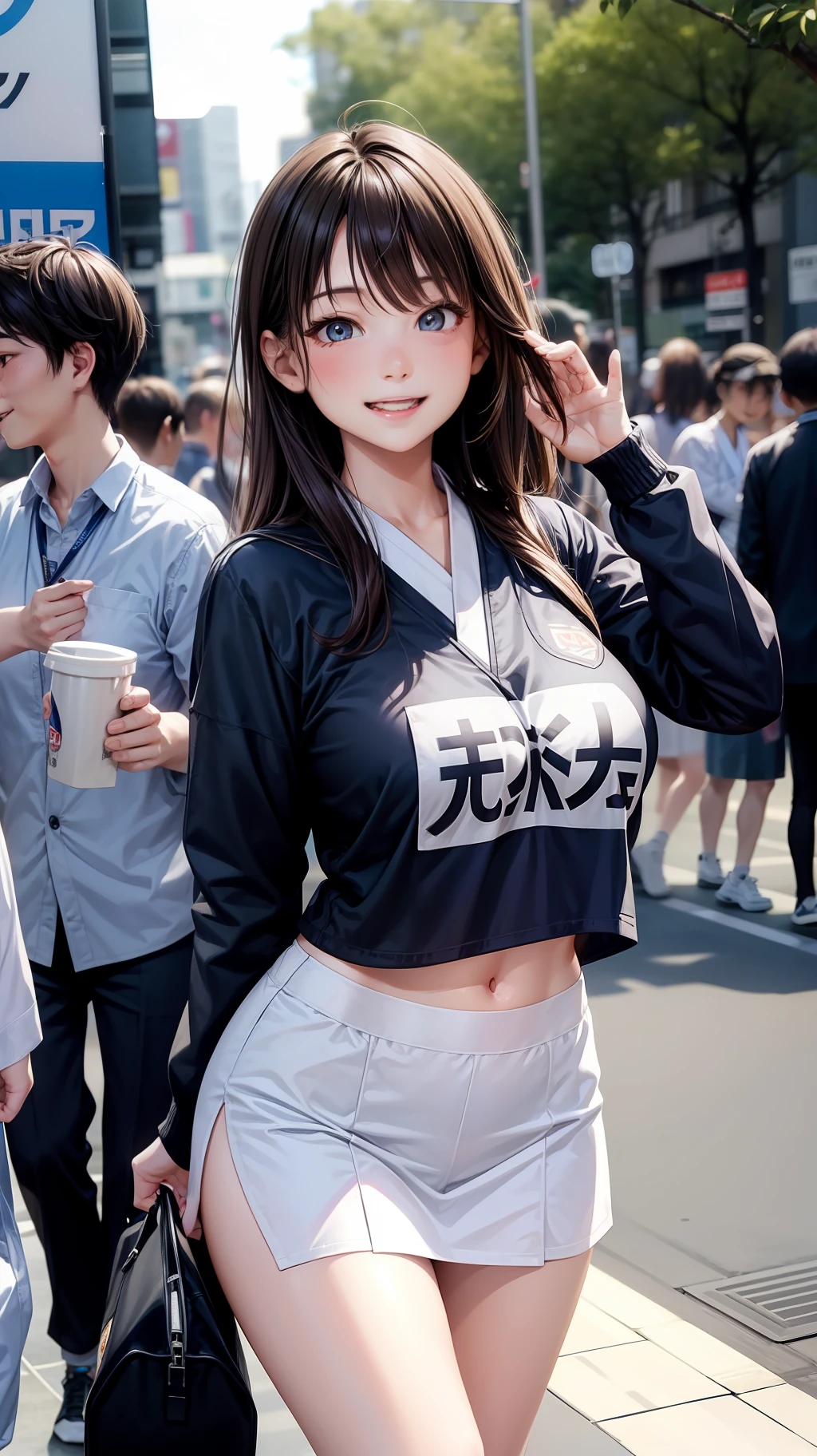 Girl who doesn't look like she's wearing underwear inside her Japan uniform poses like a cheerleader、with big smiles on their faces. She doesn't seem to be wearing a bra, however、She is inconspicuous.