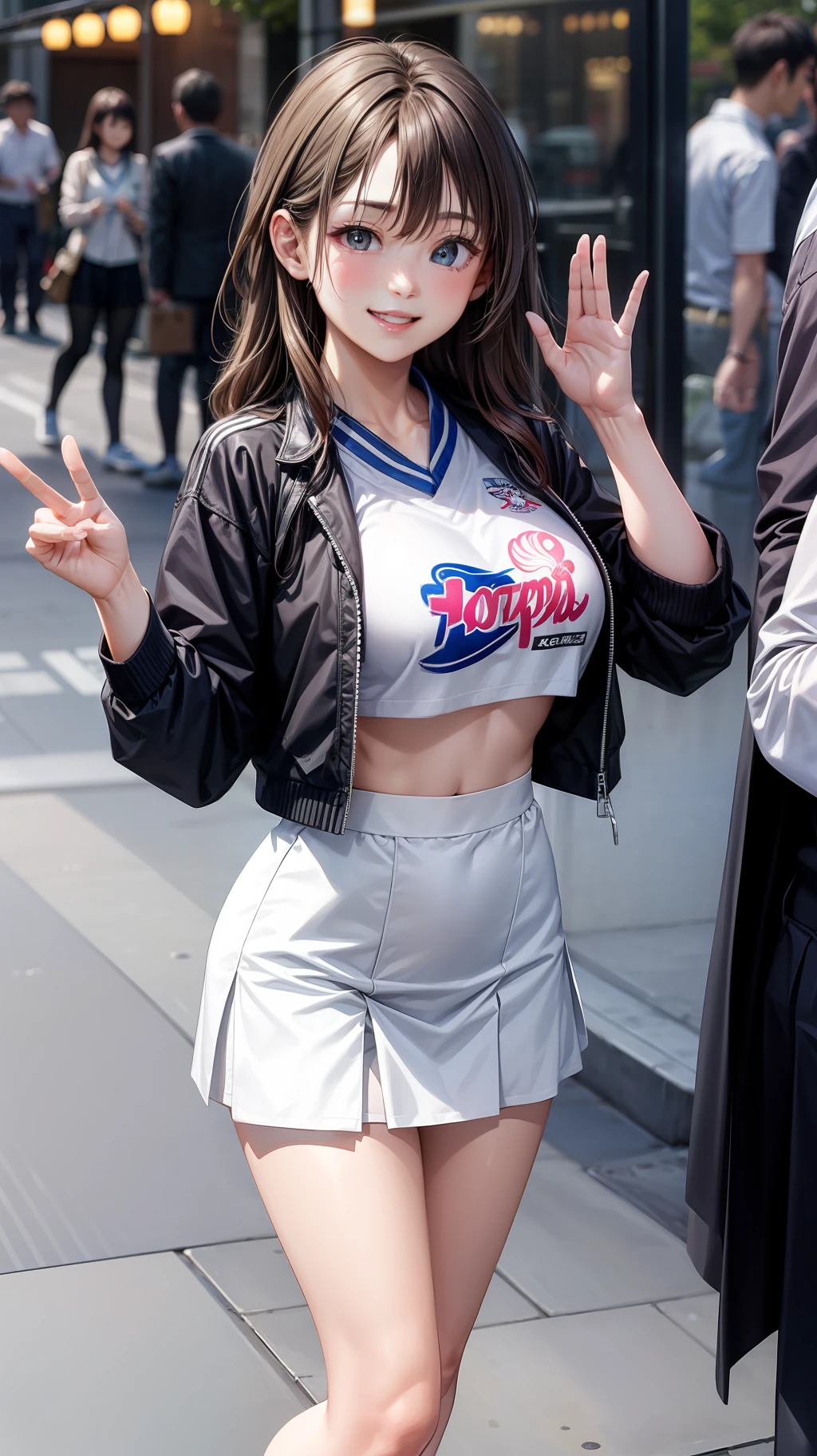 Girl who doesn't look like she's wearing underwear inside her Japan uniform poses like a cheerleader、with big smiles on their faces. She doesn't seem to be wearing a bra, however、She is inconspicuous.