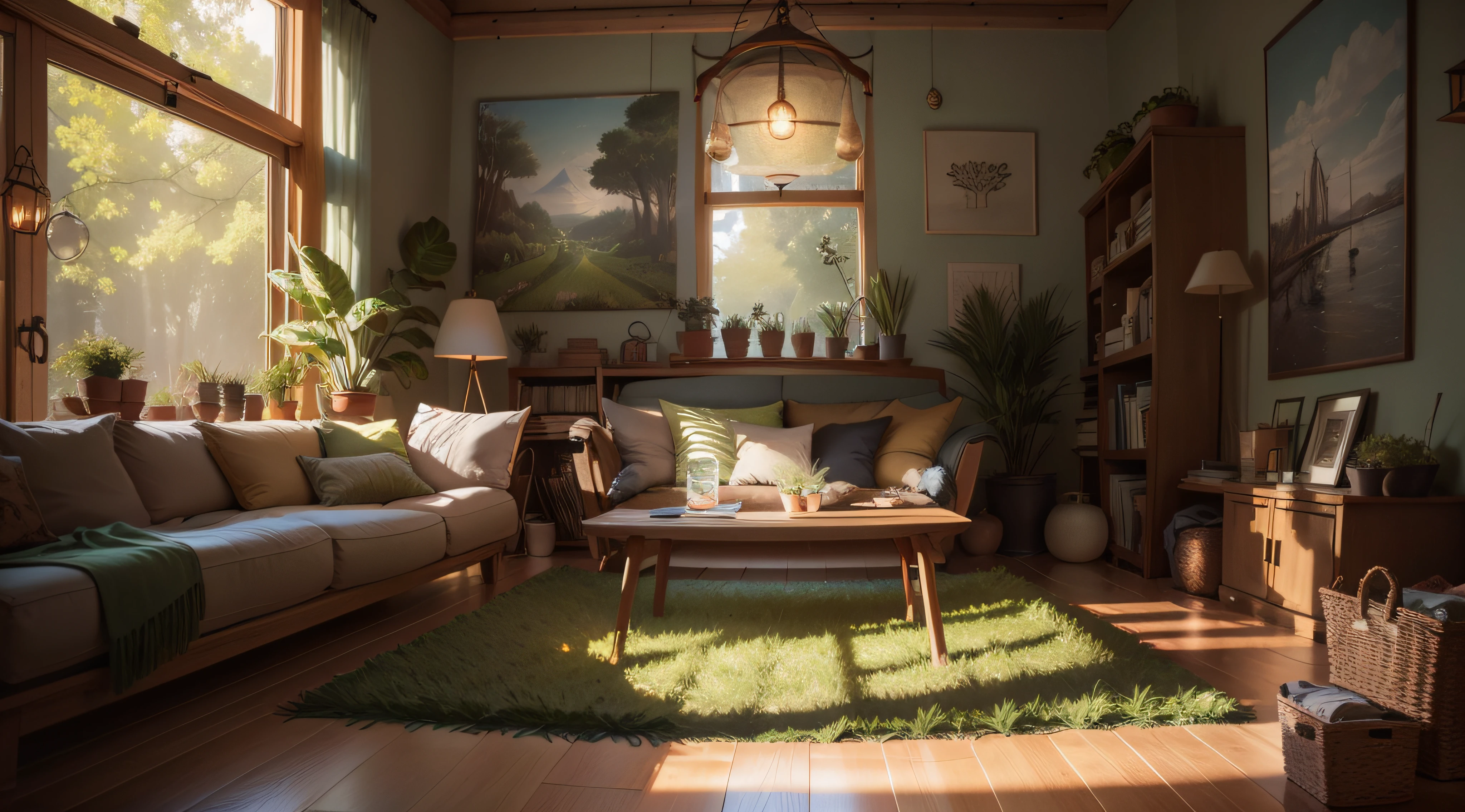green grass rug, lens flare, hanging lantern