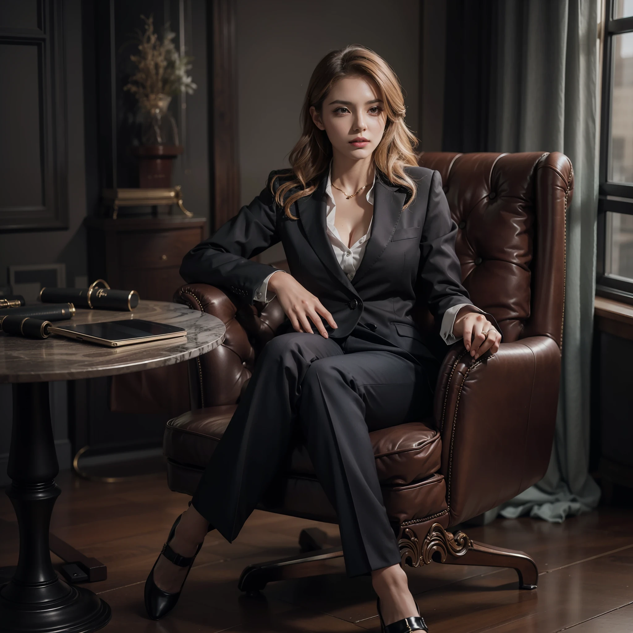 Arafed woman in a black suit sitting in a brown chair - SeaArt AI
