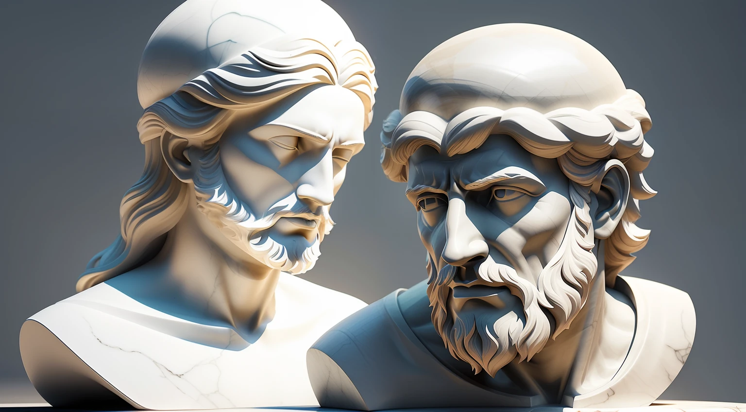 Arafed statue of a man and a woman with beard, divino e estoico, escultura realista de 8k bernini, escultura de argila cgi, Petros e Leonid, modelo detalhado da argila, rosto estoico, stoic facial expression, rosto masculino e busto, Marble statues, statues, 3 d sculpture of carving marble, 3d argila render