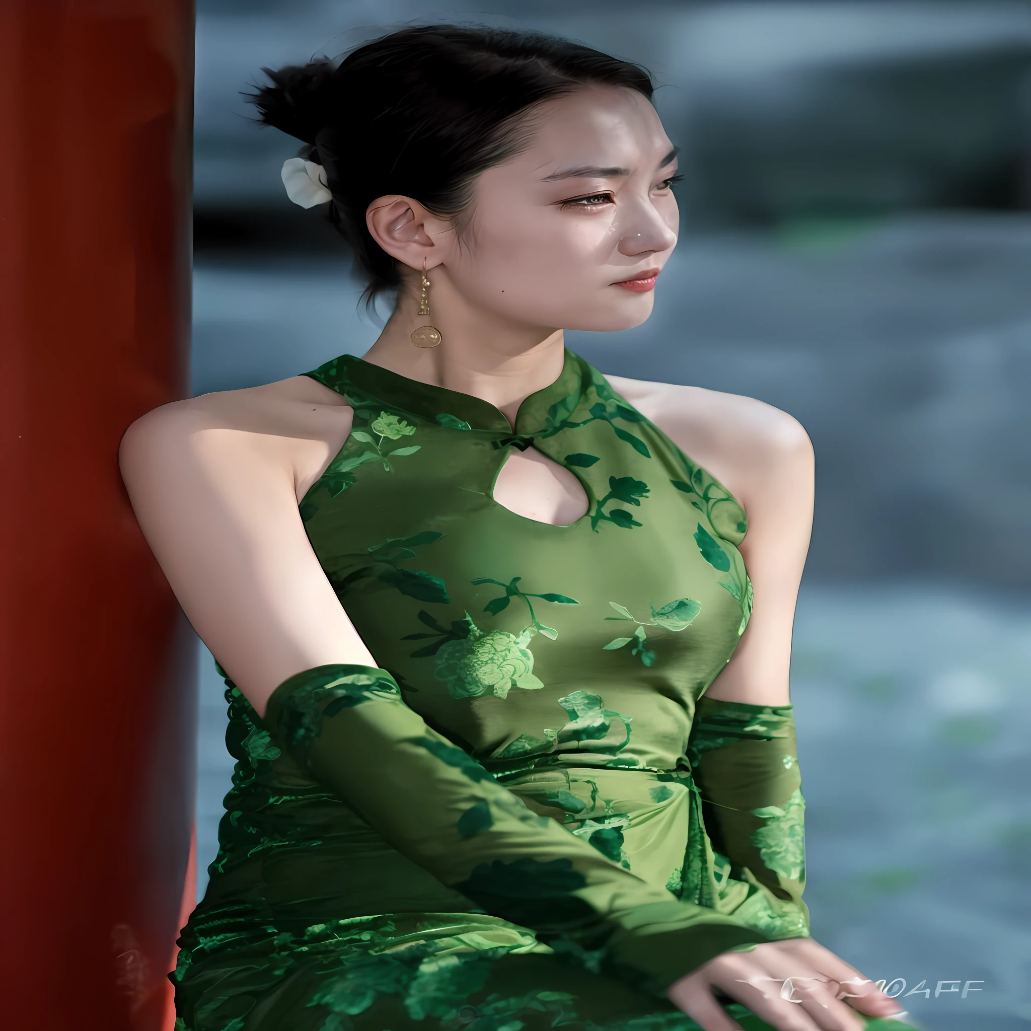 An Arad woman in a green dress sits on a red pillar, with acient chinese clothes, Cheongsam, wearing ornate silk clothes, Traditional Chinese clothing, ornate dark green clothing, Chinese style, Wearing ancient Chinese clothes, Chinese dress, Inspired by Dai Xi, Wearing a red cheongsam, Palace , A girl in Hanfu, with ancient chinese aesthetic