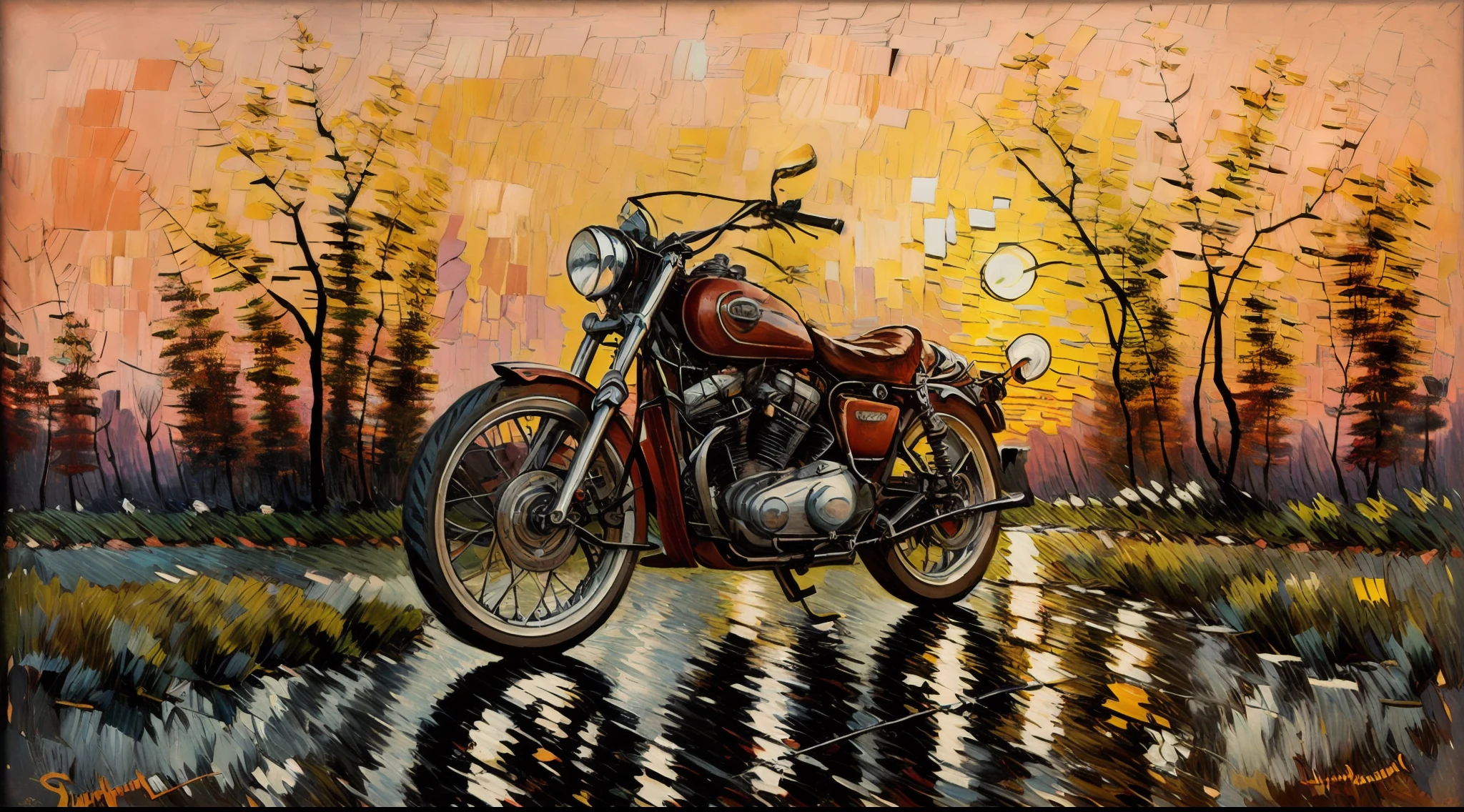 Art style tonalism, tonalism art, sunset, ultra-realistic vintage motorcycle