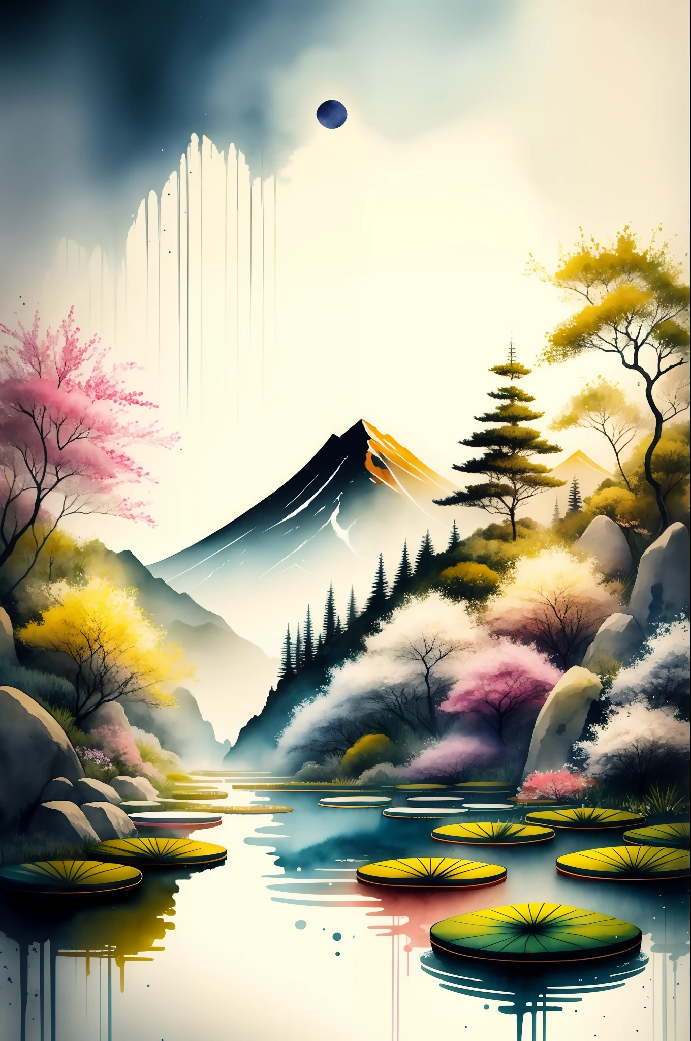 white backgrounid， scenecy， aquarelle， mont， ponds， lotuses，the trees， themoon， colorful，