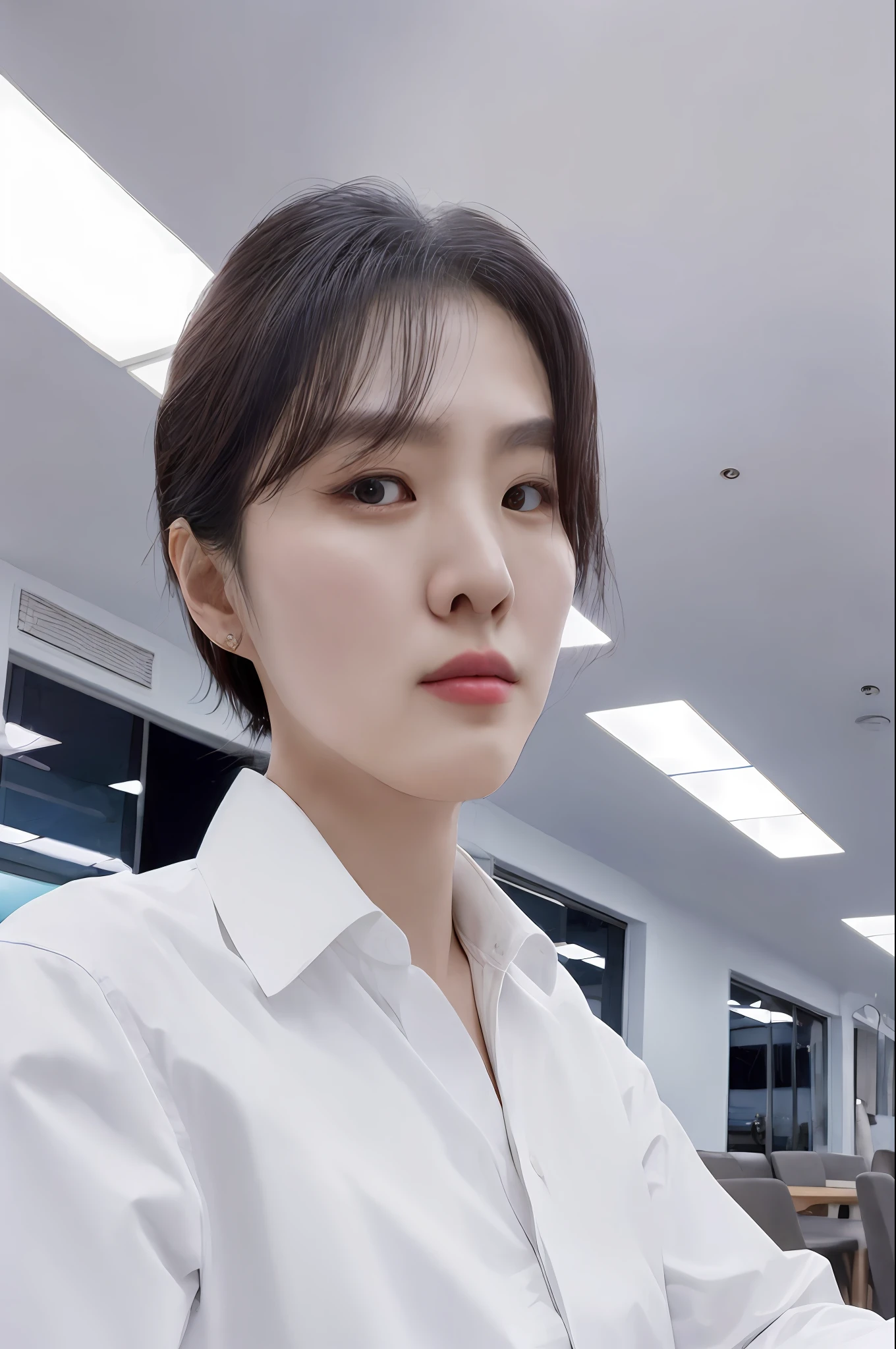 There was a woman in a white shirt sitting at the table, Cai Xukun, with short hair, sakimichan, xintong chen, Choi Hyun-hwa, 8k selfie photograph, with round face, Yoshitomo Nara, jaeyeon nam, xision wu, professional profile picture, Yun Ling