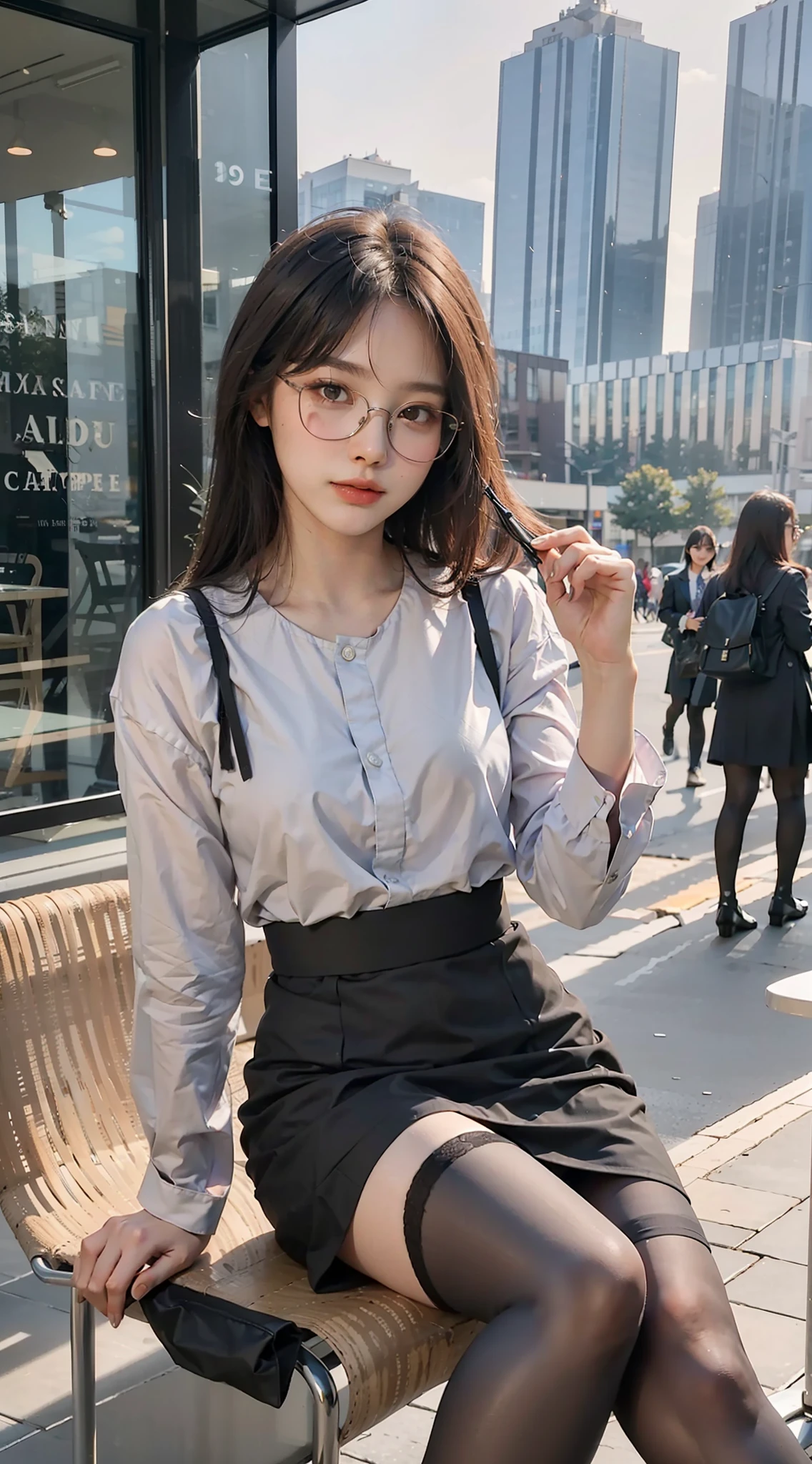 tmasterpiece，1girll，best qualtiy, Full body like，Face the lens，Refined face，pretty  face，25 years old woman，slimfigure，Smaller bust，office lady uniform，Office wear，black lence stockings，Outdoor scene，Sit sideways，((wears glasses)),Outside the café，Business environment