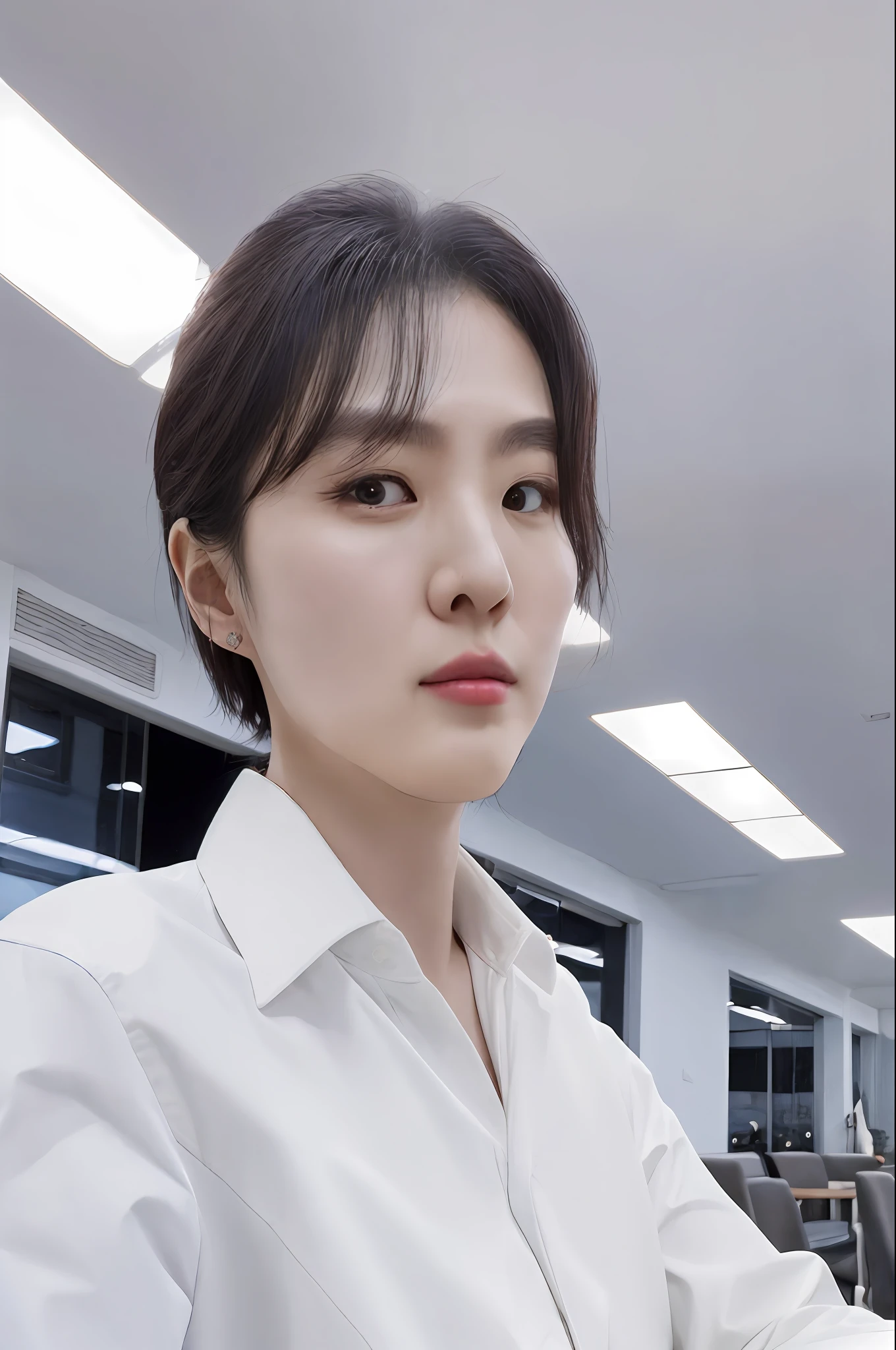 There was a woman in a white shirt sitting at the table, Cai Xukun, with short hair, sakimichan, xintong chen, Choi Hyun-hwa, 8k selfie photograph, with round face, Yoshitomo Nara, jaeyeon nam, xision wu, professional profile picture, Yun Ling