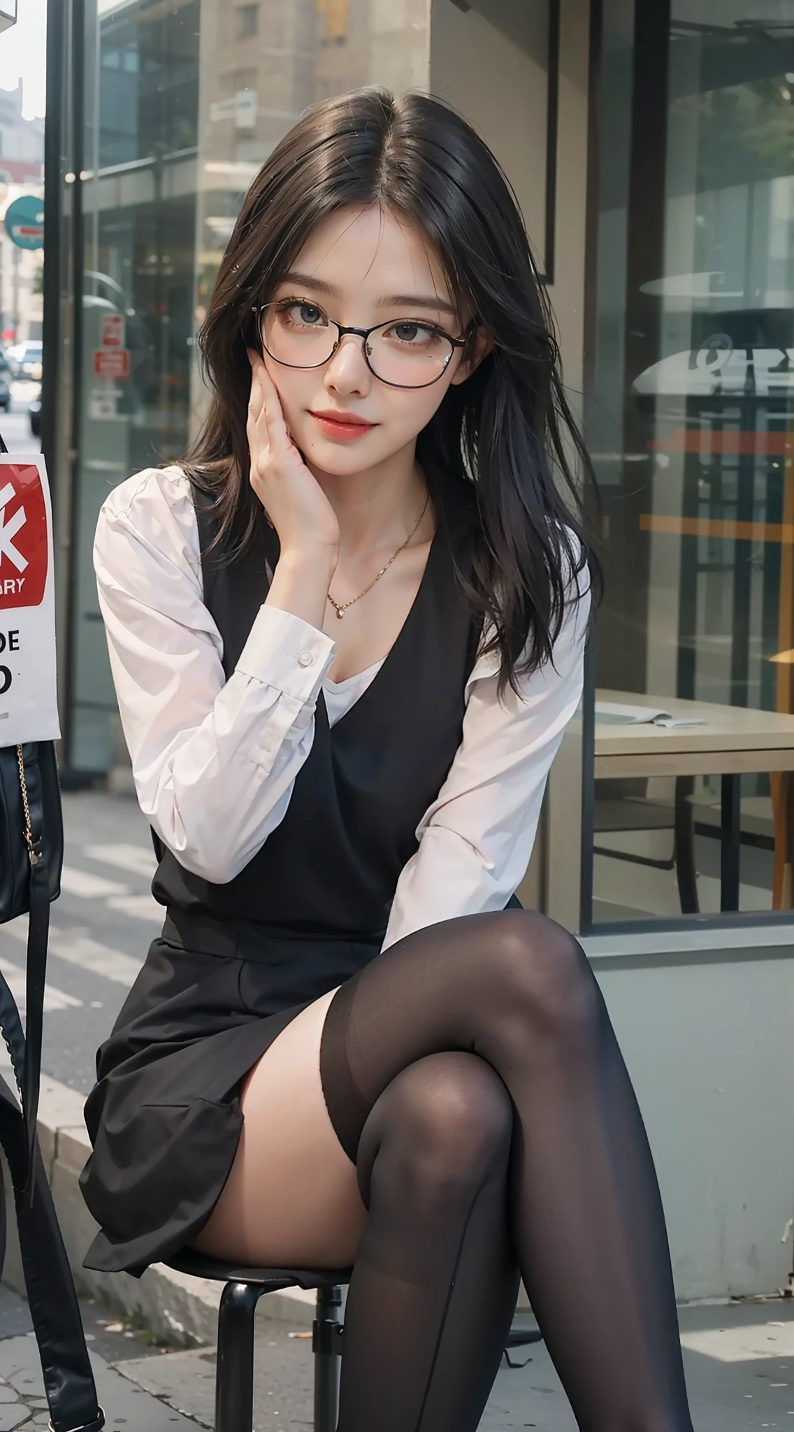 best qualtiy, Full body like,Face the lens,Refined face,pretty face,25 years old woman,slimfigure,Smaller bust,office lady uniform,Office wear,black lence stockings,Outdoor scene,Sit sideways,((wears glasses)),Outside the café,Business environment